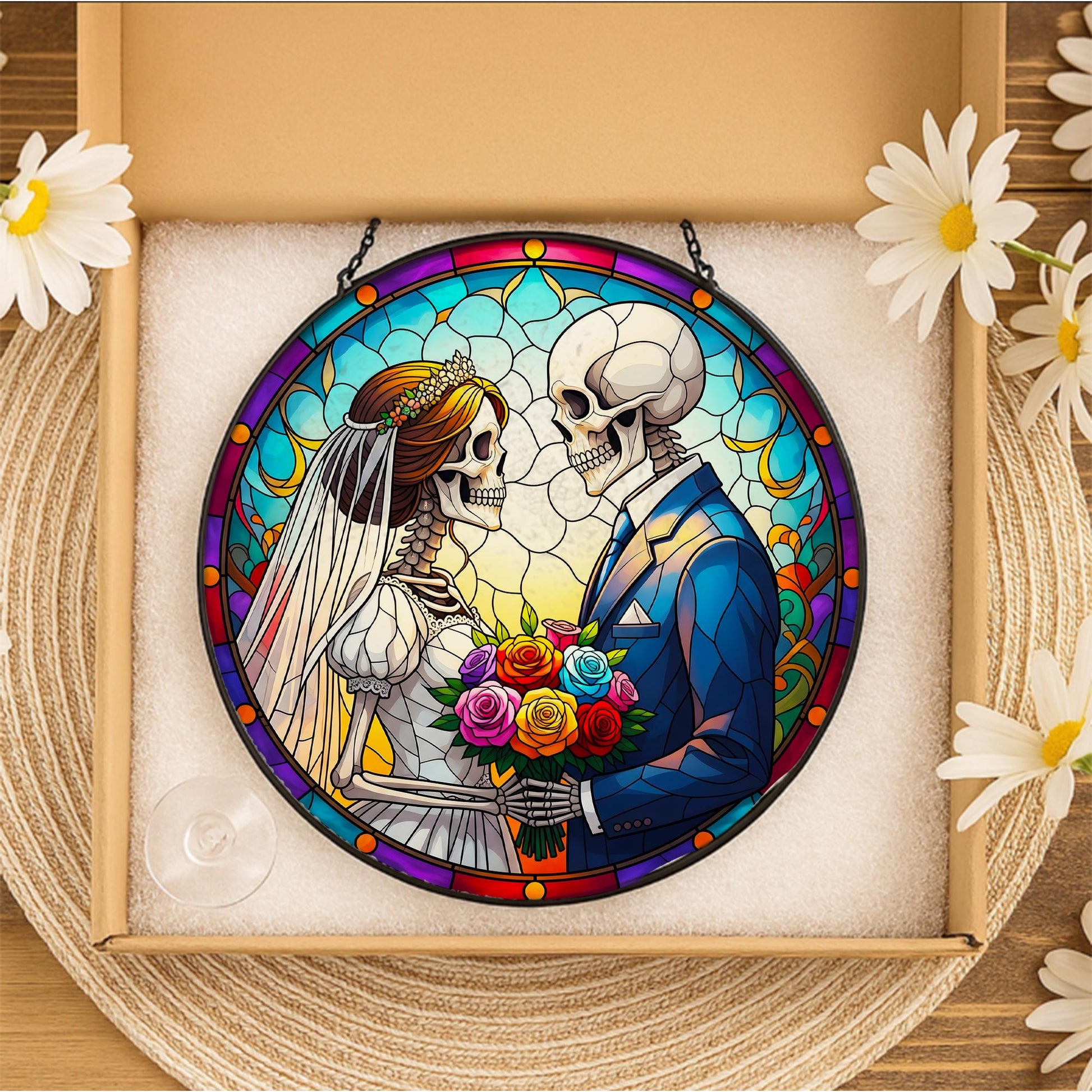 Gothic Skeleton Couple Glass Suncatcher, Macabre Wedding Decor, 'Til Death Anniversary Gift, Day of The Dead Window Hanging,Halloween Couple