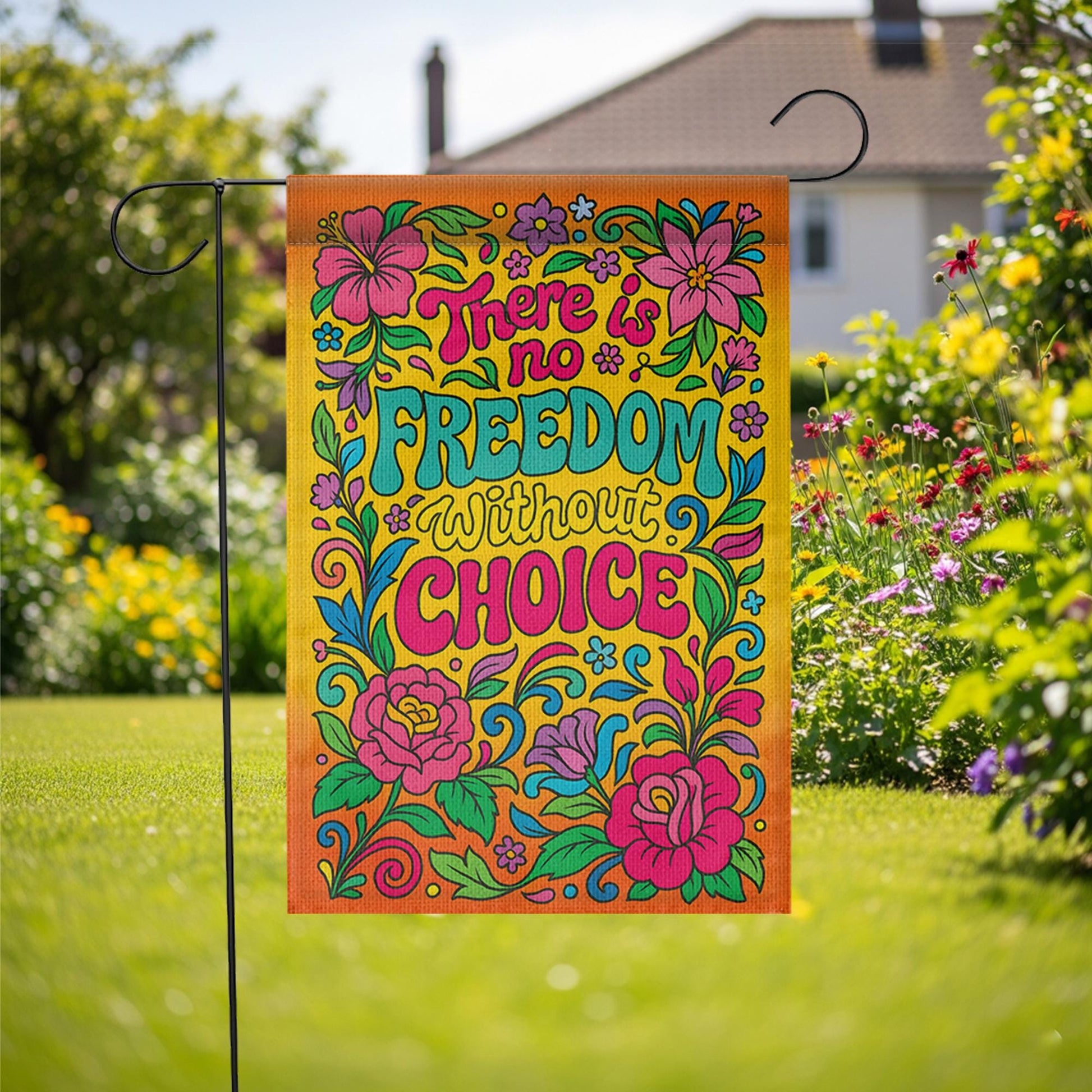 Freedom of Choice Flag, Retro 70s Floral Garden Banner, Pro Choice Quote Art, Hippie Groovy Yard Decor, Feminist Psychedelic Statement
