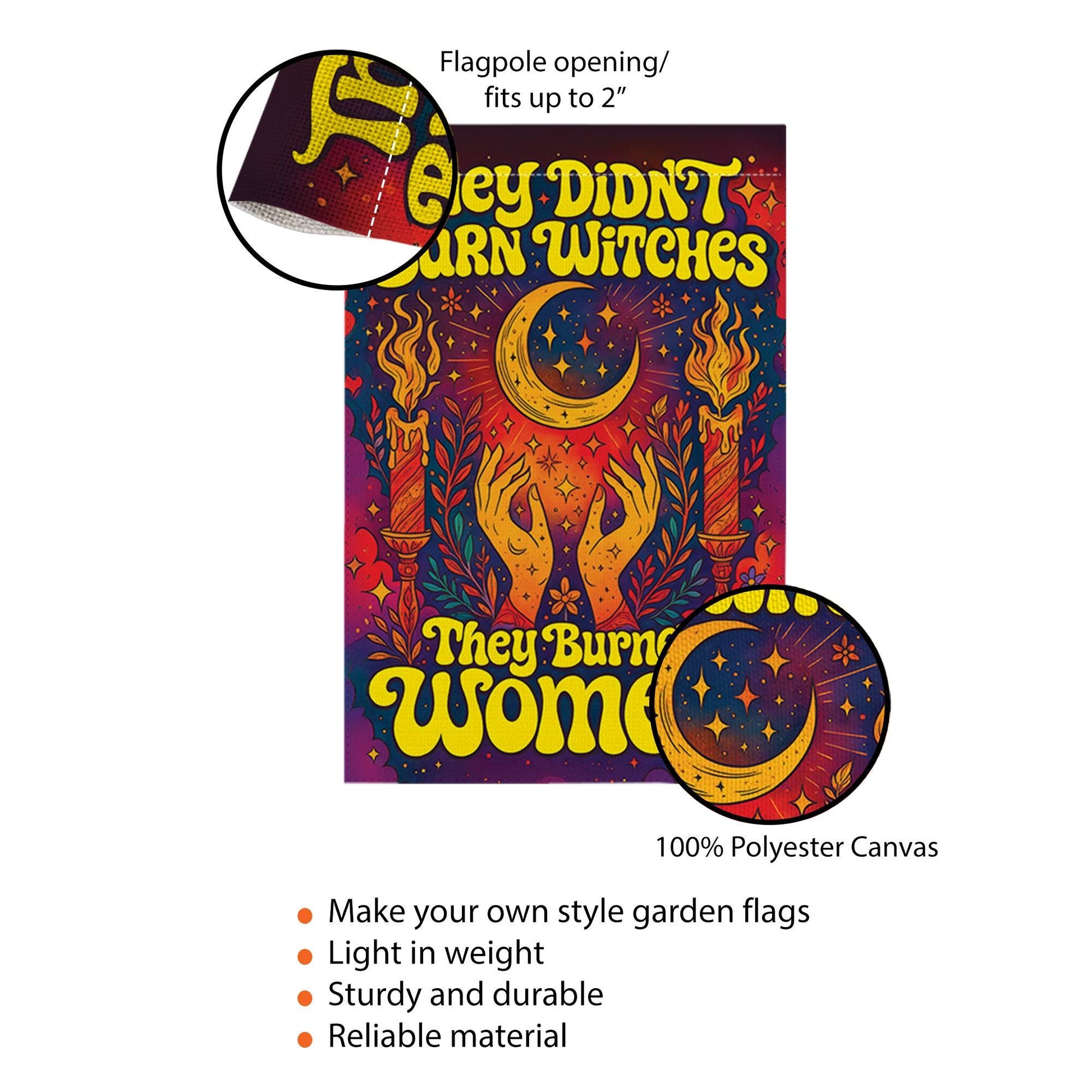 They Burned Women Garden Flag, Feminist Witchy Home Decor, Psychedelic 70s Yard Art, Halloween Woman Gift, Celestial Moon Outdoor Banner