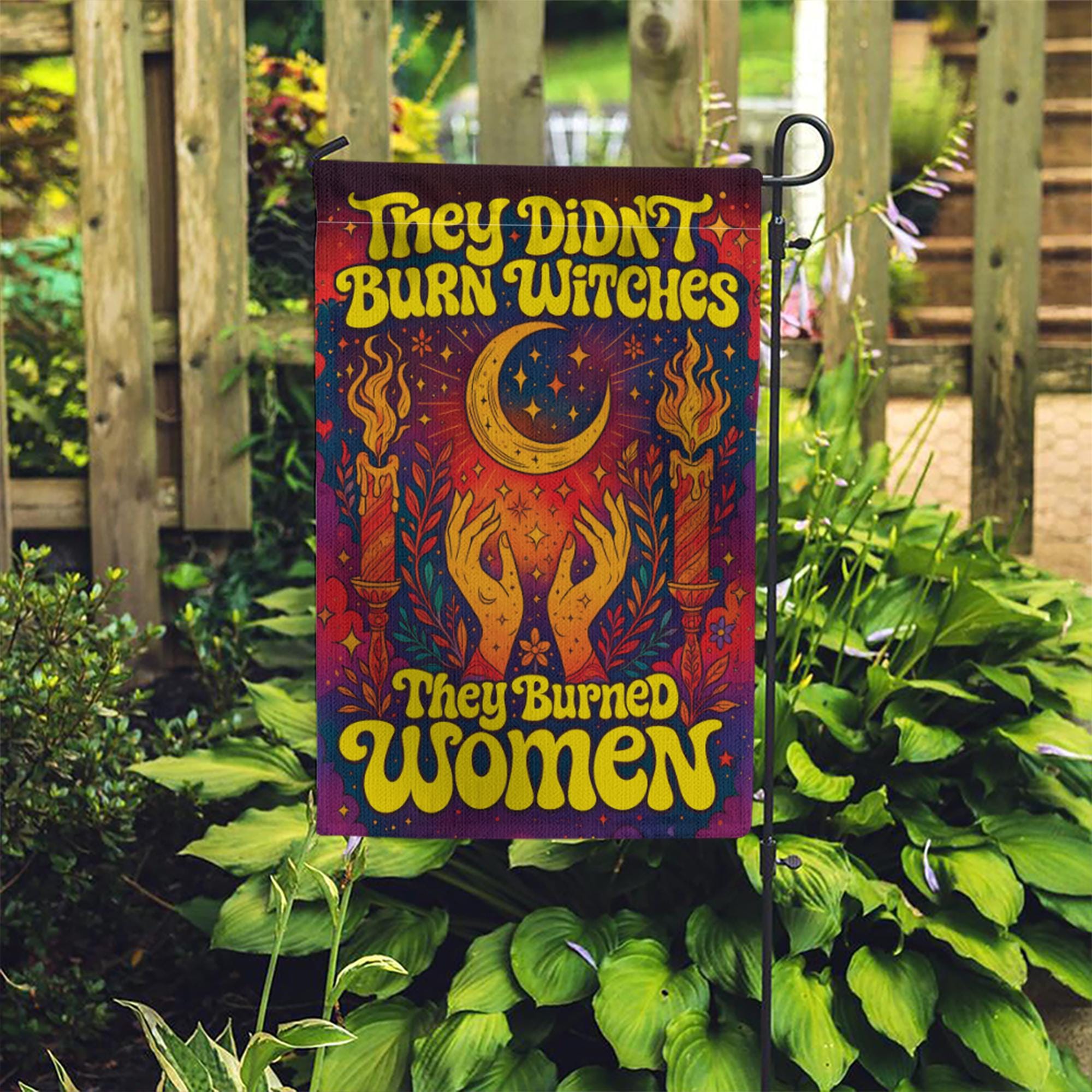 They Burned Women Garden Flag, Feminist Witchy Home Decor, Psychedelic 70s Yard Art, Halloween Woman Gift, Celestial Moon Outdoor Banner