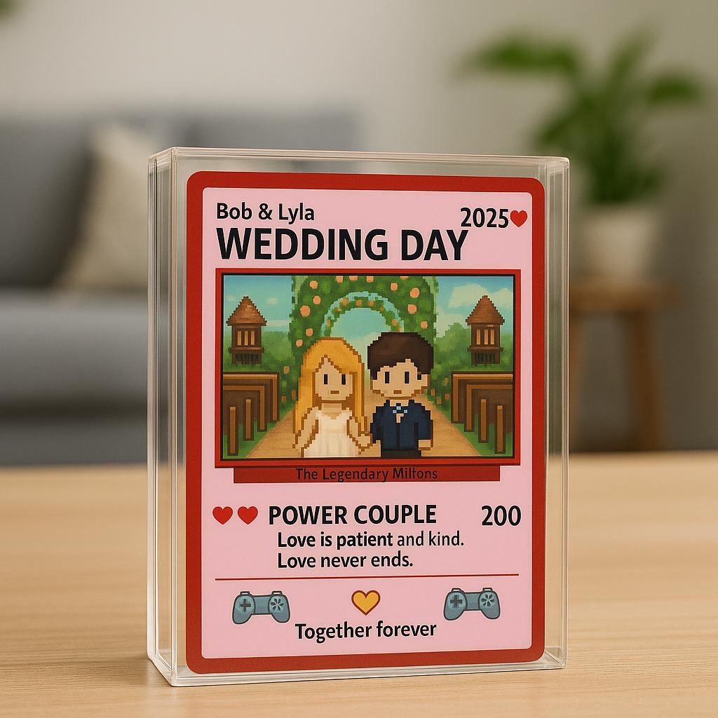 Custom Wedding Art Acrylic Block, Personalized Gamer Couple Gift, Wedding Day Keepsake, Retro Gaming Love Display, custom photo gift