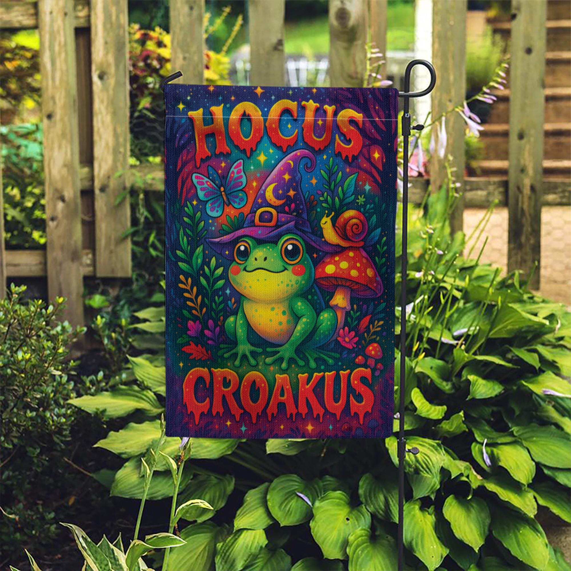 Funny Hocus Croakus Frog Garden Flag, Cute Witchy Halloween Decor, Whimsical Goblincore Yard Art, Cottagecore Fall Outdoor Sign Gift
