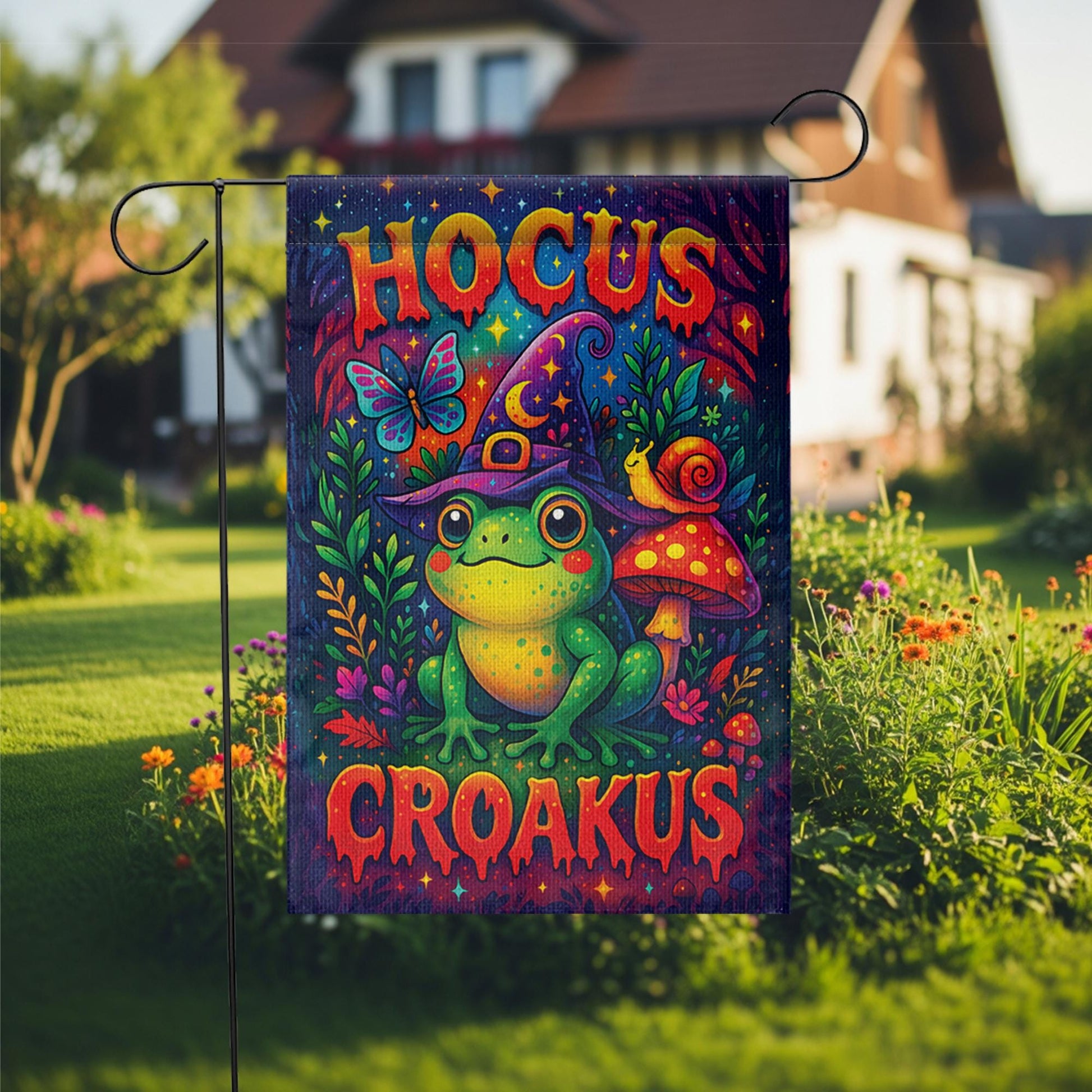 Funny Hocus Croakus Frog Garden Flag, Cute Witchy Halloween Decor, Whimsical Goblincore Yard Art, Cottagecore Fall Outdoor Sign Gift