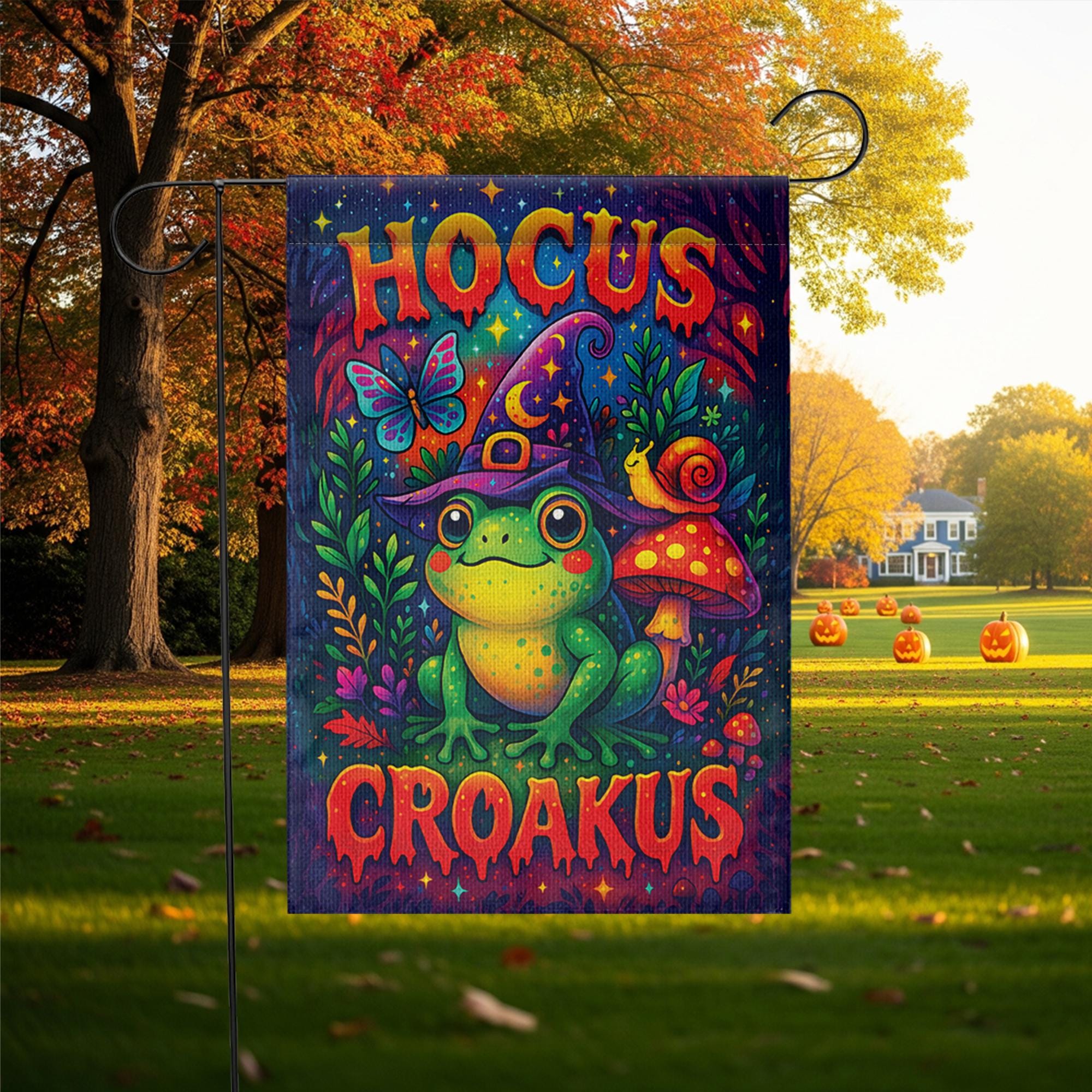 Funny Hocus Croakus Frog Garden Flag, Cute Witchy Halloween Decor, Whimsical Goblincore Yard Art, Cottagecore Fall Outdoor Sign Gift