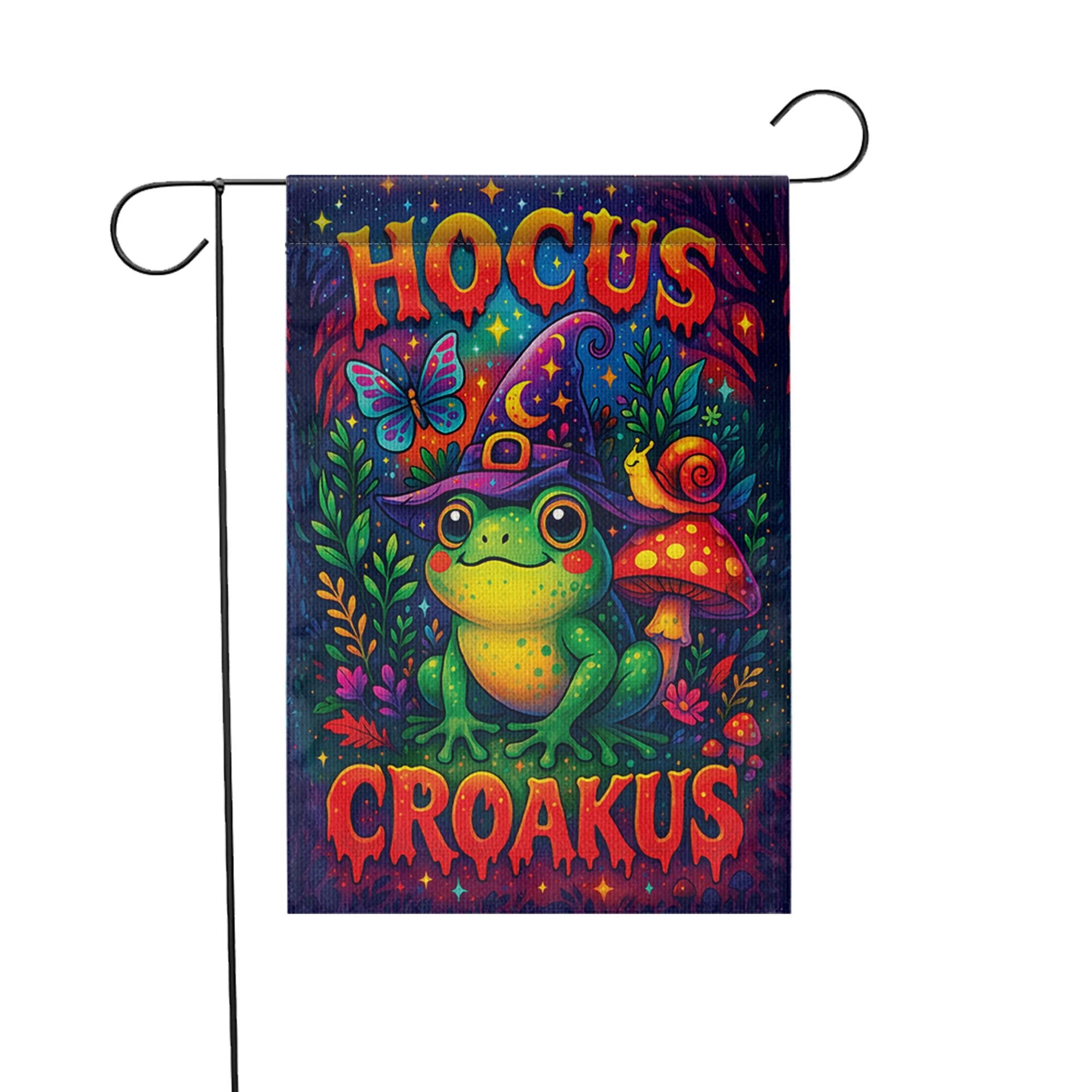 Funny Hocus Croakus Frog Garden Flag, Cute Witchy Halloween Decor, Whimsical Goblincore Yard Art, Cottagecore Fall Outdoor Sign Gift