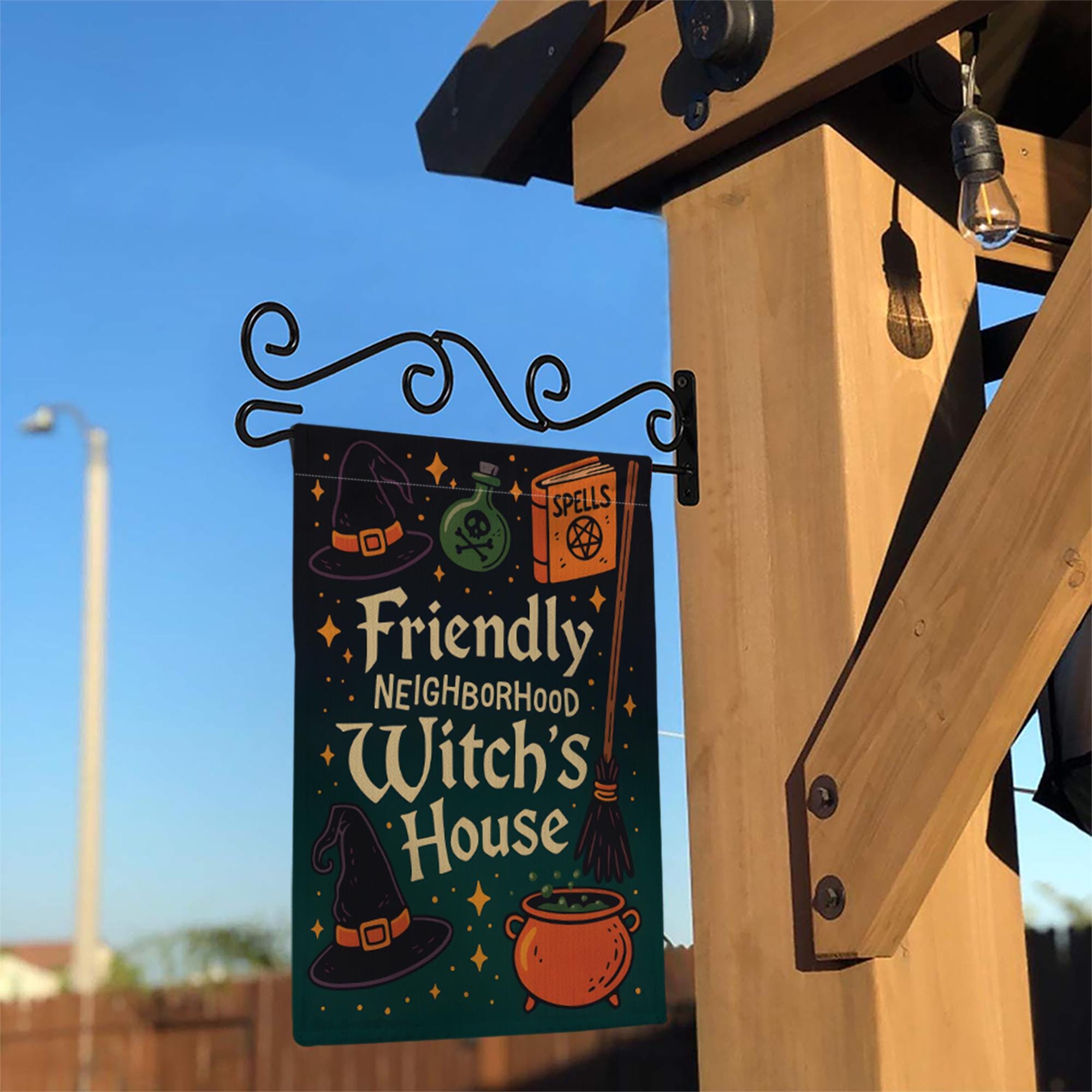 Friendly Neighborhood Witch's House Flag, Cute Halloween Yard Decor, Spooky Welcome Garden Sign, Whimsical Witchy Outdoor Fall Banner