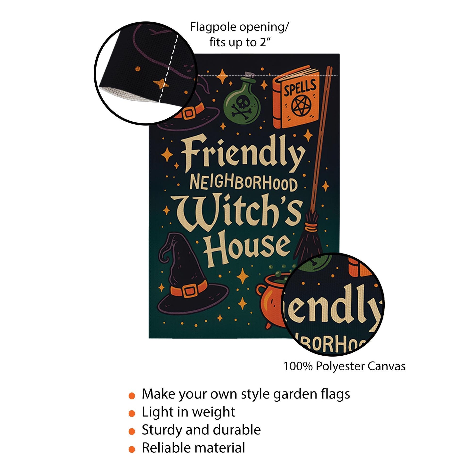 Friendly Neighborhood Witch's House Flag, Cute Halloween Yard Decor, Spooky Welcome Garden Sign, Whimsical Witchy Outdoor Fall Banner
