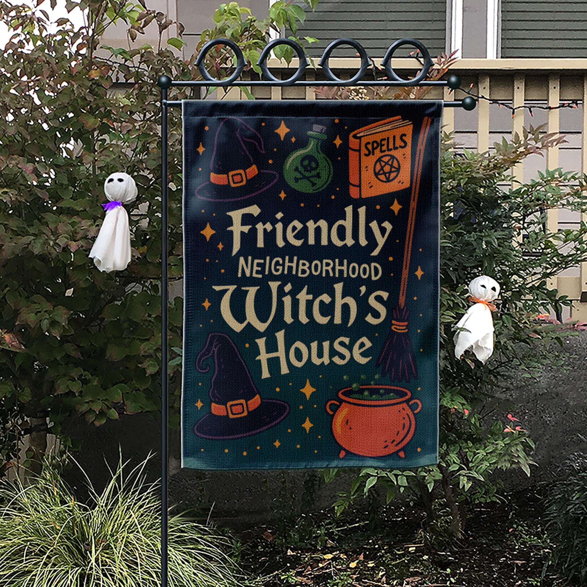 Friendly Neighborhood Witch's House Flag, Cute Halloween Yard Decor, Spooky Welcome Garden Sign, Whimsical Witchy Outdoor Fall Banner