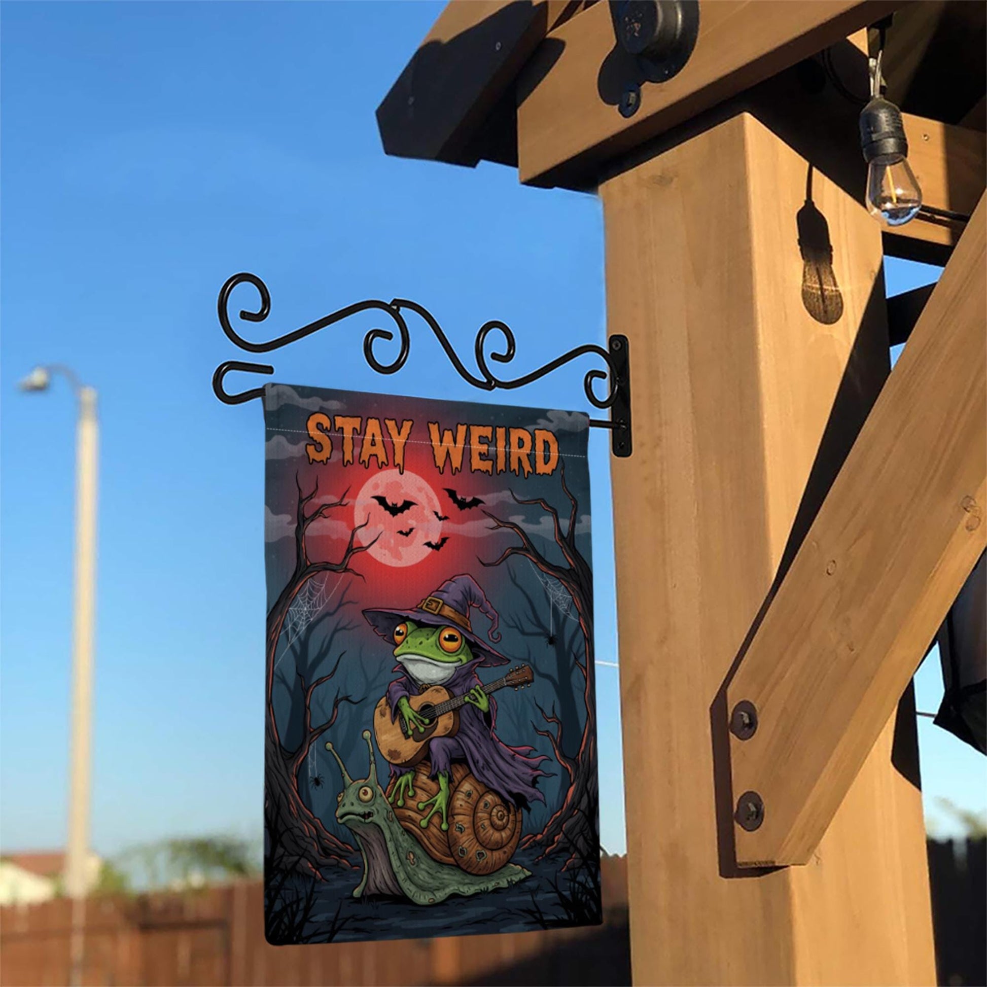 Stay Weird Frog Garden Flag, Witch on Snail Yard Banner, Goblincore Halloween Decor, Funny Gothic Cottagecore Spooky Welcome Sign