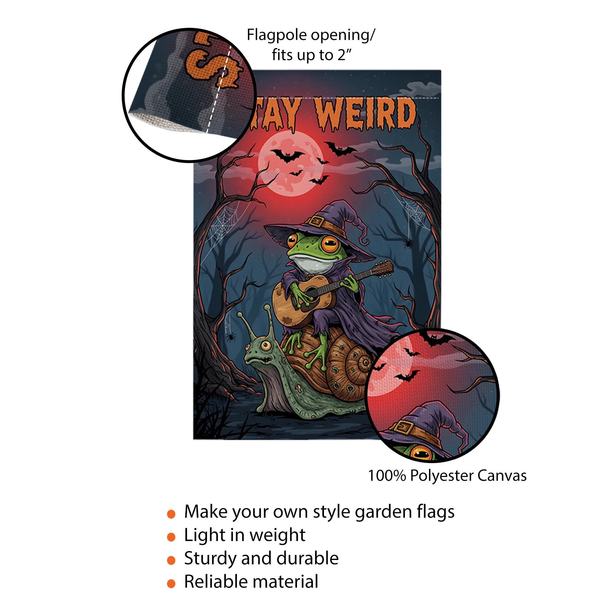 Stay Weird Frog Garden Flag, Witch on Snail Yard Banner, Goblincore Halloween Decor, Funny Gothic Cottagecore Spooky Welcome Sign