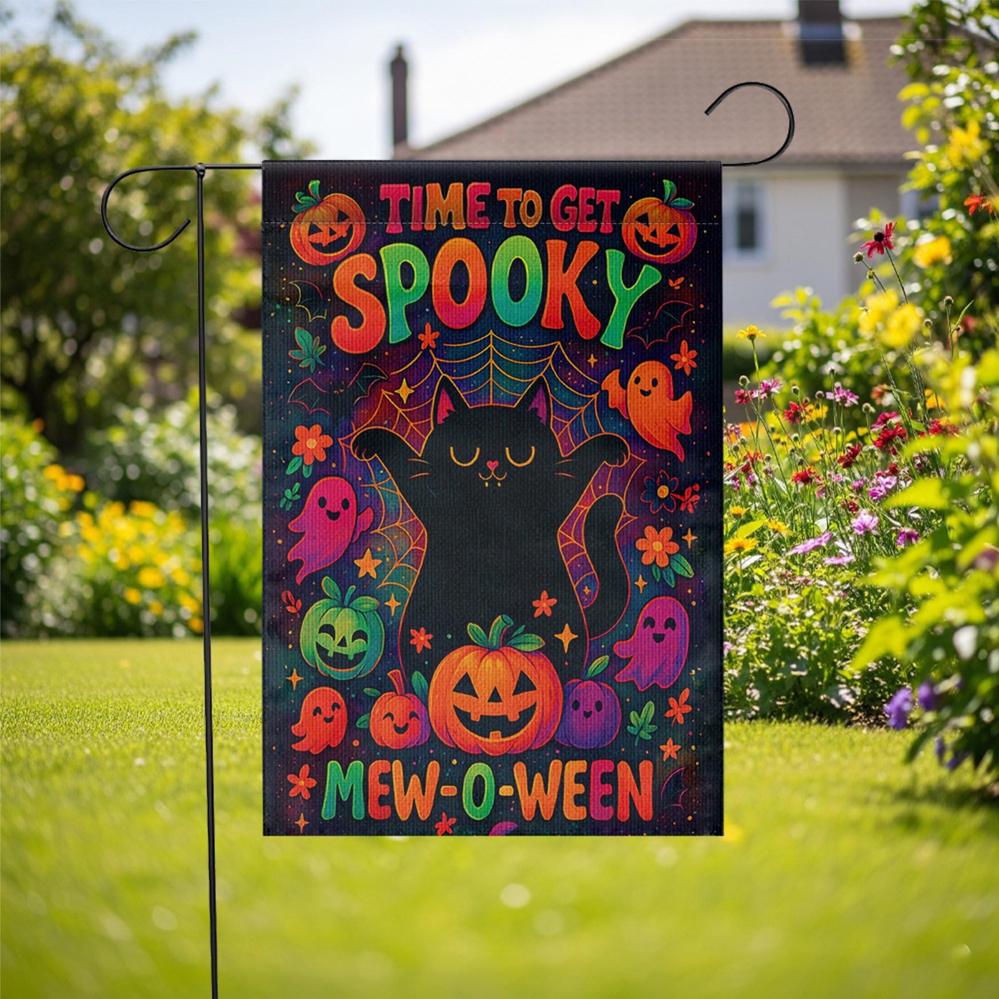 Mew-o-ween Black Cat Garden Flag, Time To Get Spooky Decor, Cute Ghost Pumpkin Halloween Yard Art, Colorful Whimsical Outdoor Banner