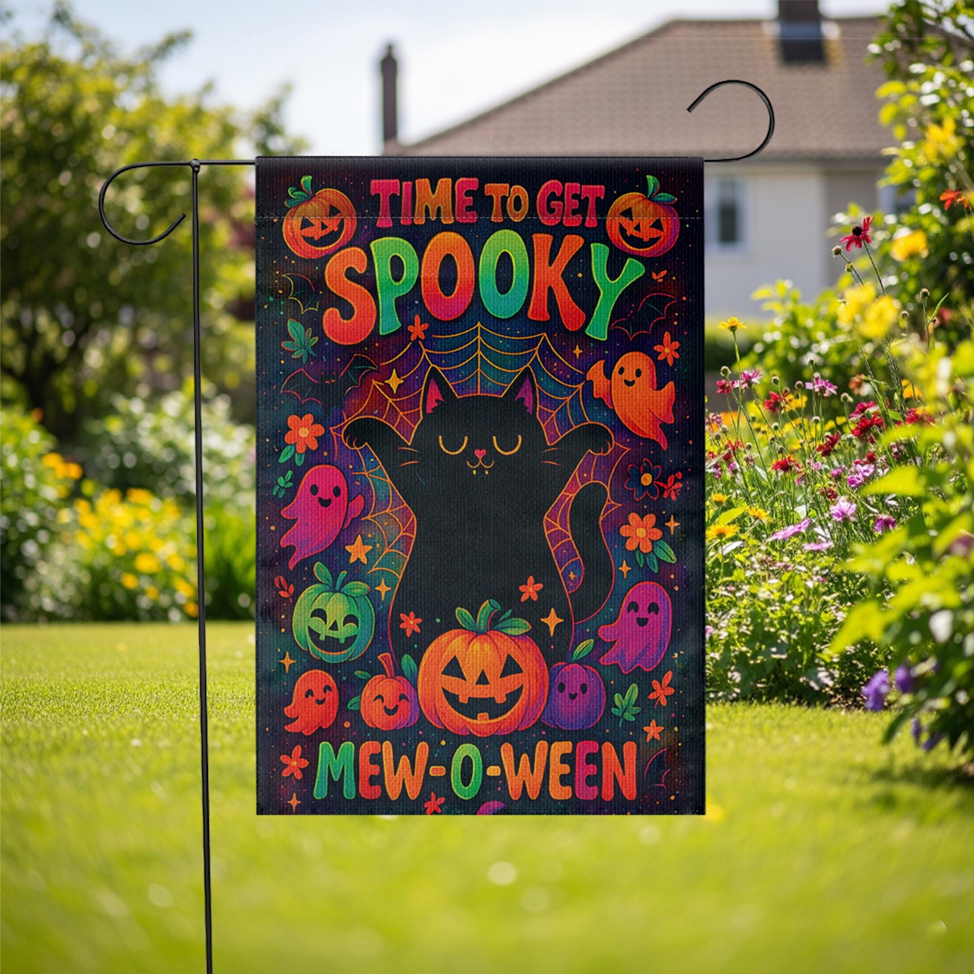 Mew-o-ween Black Cat Garden Flag, Time To Get Spooky Decor, Cute Ghost Pumpkin Halloween Yard Art, Colorful Whimsical Outdoor Banner