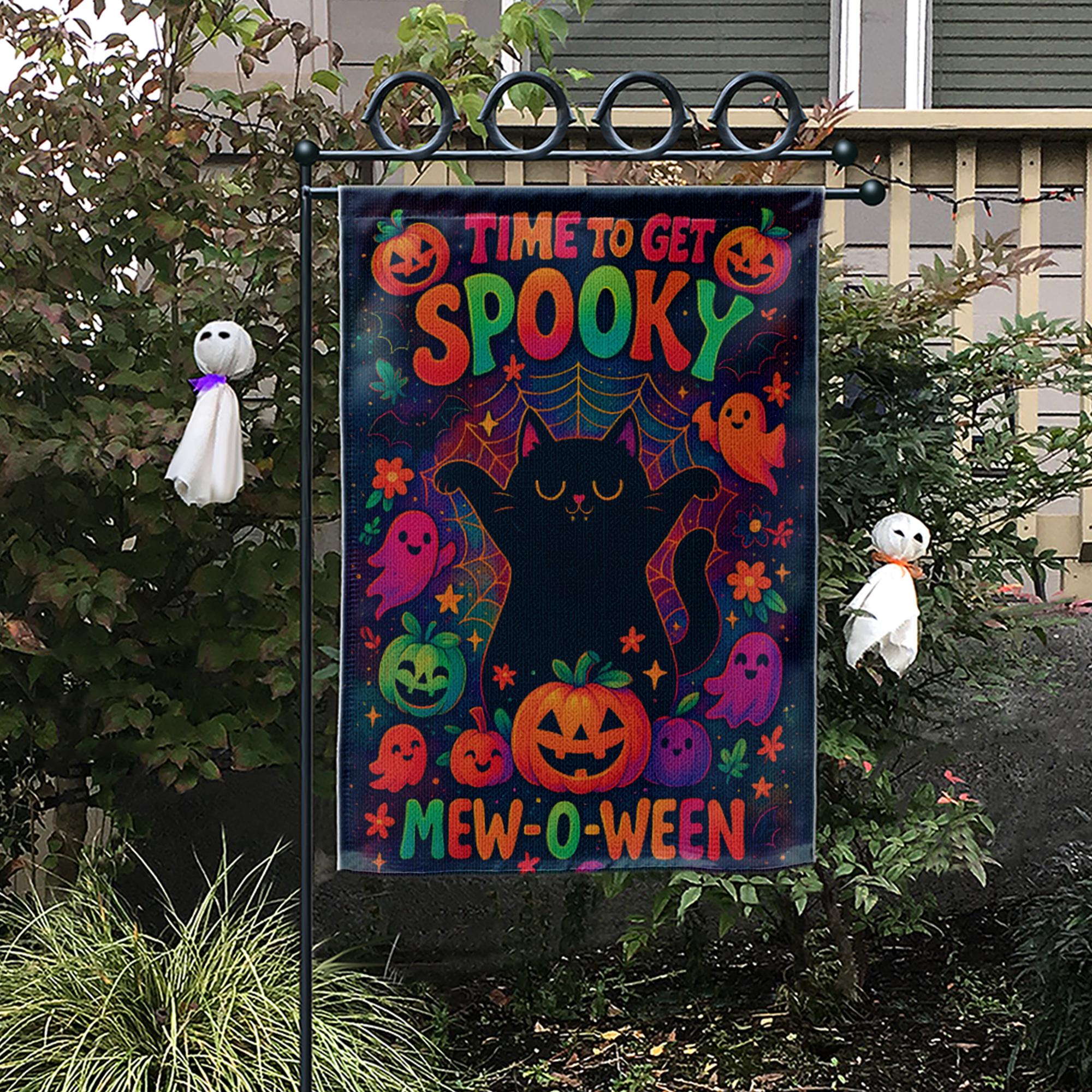 Mew-o-ween Black Cat Garden Flag, Time To Get Spooky Decor, Cute Ghost Pumpkin Halloween Yard Art, Colorful Whimsical Outdoor Banner
