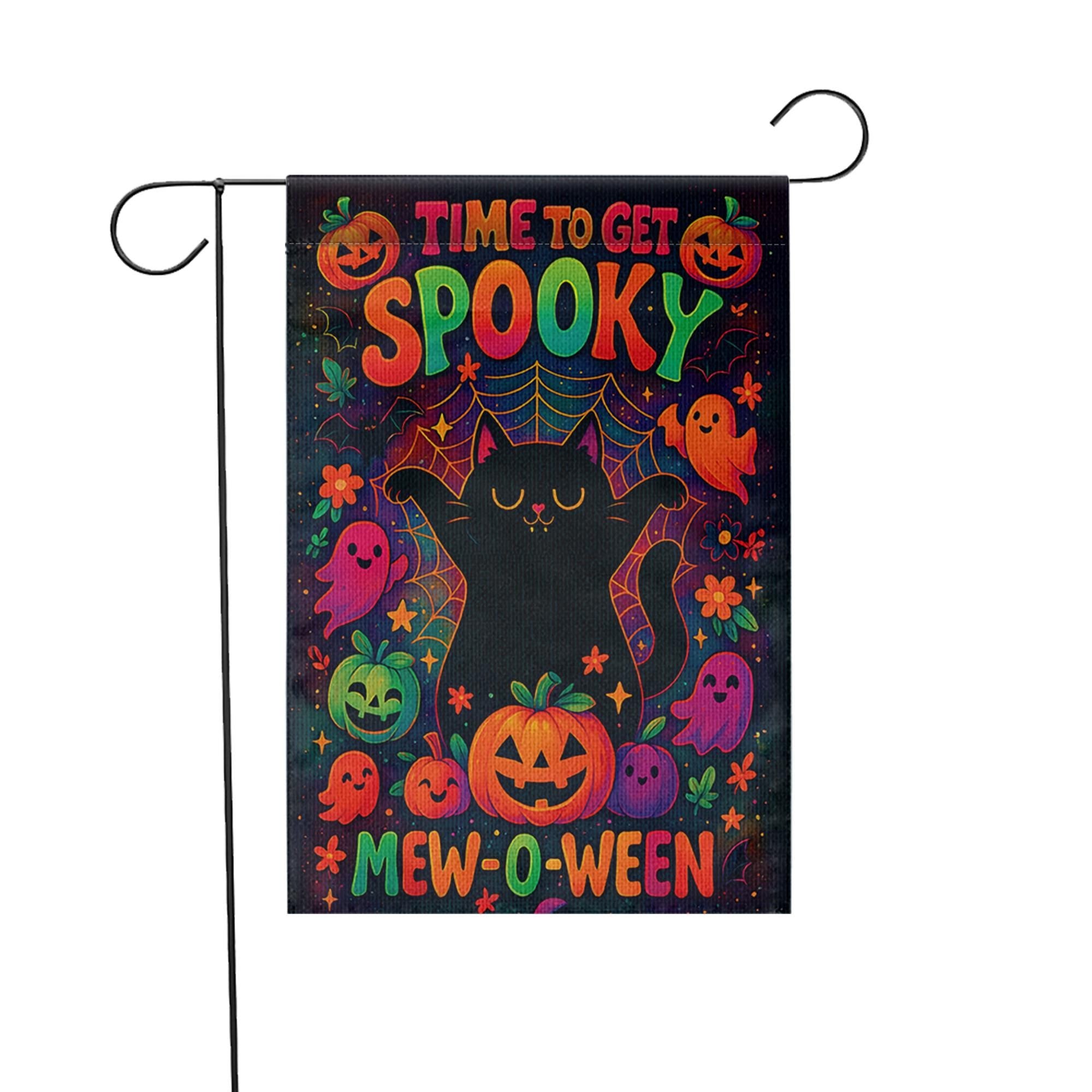 Mew-o-ween Black Cat Garden Flag, Time To Get Spooky Decor, Cute Ghost Pumpkin Halloween Yard Art, Colorful Whimsical Outdoor Banner