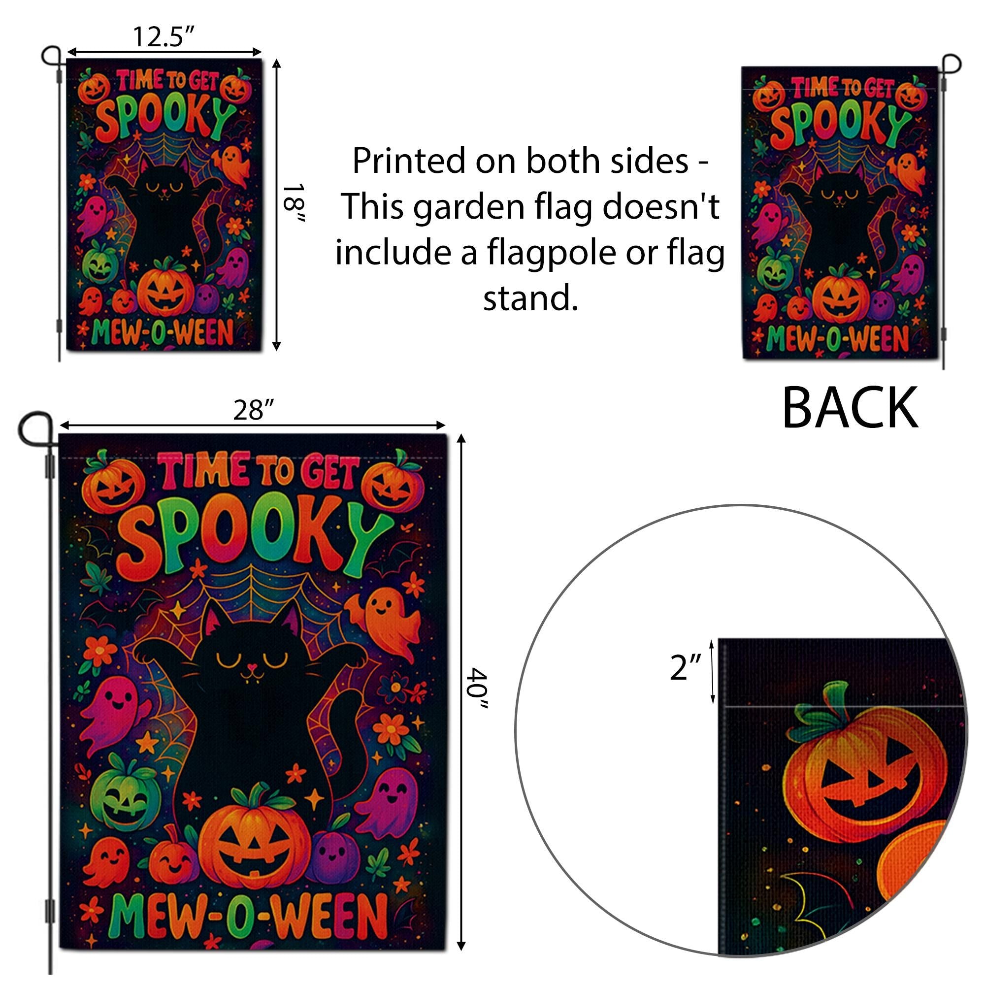 Mew-o-ween Black Cat Garden Flag, Time To Get Spooky Decor, Cute Ghost Pumpkin Halloween Yard Art, Colorful Whimsical Outdoor Banner