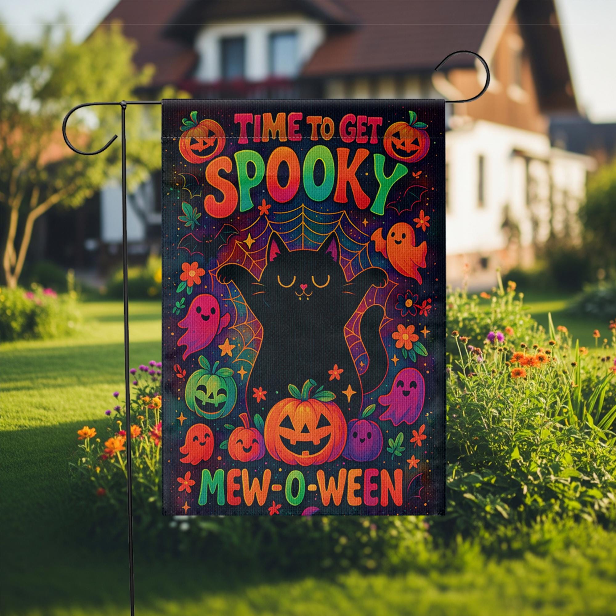 Mew-o-ween Black Cat Garden Flag, Time To Get Spooky Decor, Cute Ghost Pumpkin Halloween Yard Art, Colorful Whimsical Outdoor Banner