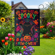 Mew-o-ween Black Cat Garden Flag, Time To Get Spooky Decor, Cute Ghost Pumpkin Halloween Yard Art, Colorful Whimsical Outdoor Banner