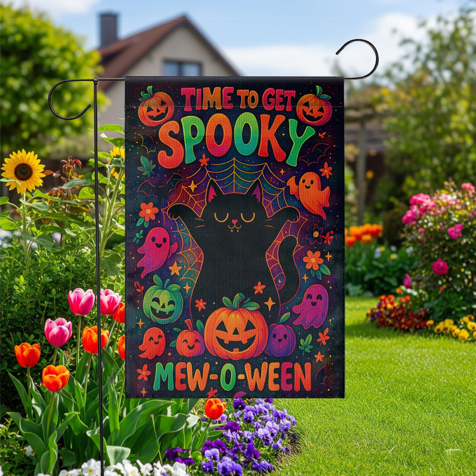 Mew-o-ween Black Cat Garden Flag, Time To Get Spooky Decor, Cute Ghost Pumpkin Halloween Yard Art, Colorful Whimsical Outdoor Banner