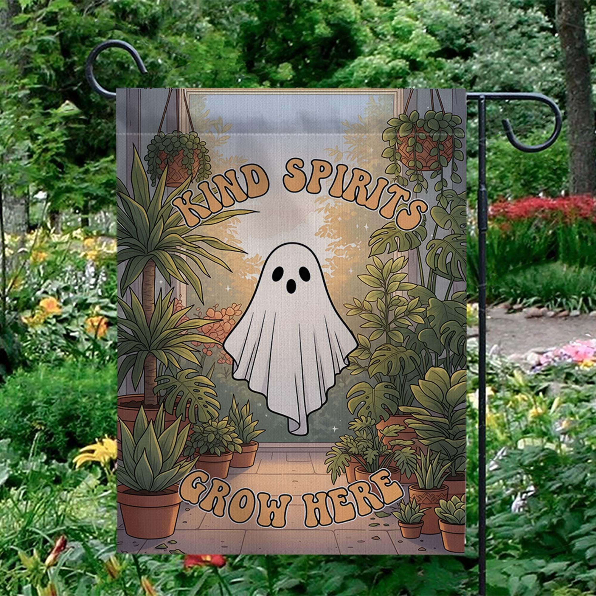 Kind Spirits Grow Here Ghost Garden Flag, Cute Spooky Halloween Decor, Retro Plant Lover Yard Art, Whimsical Outdoor Banner, Housewarming