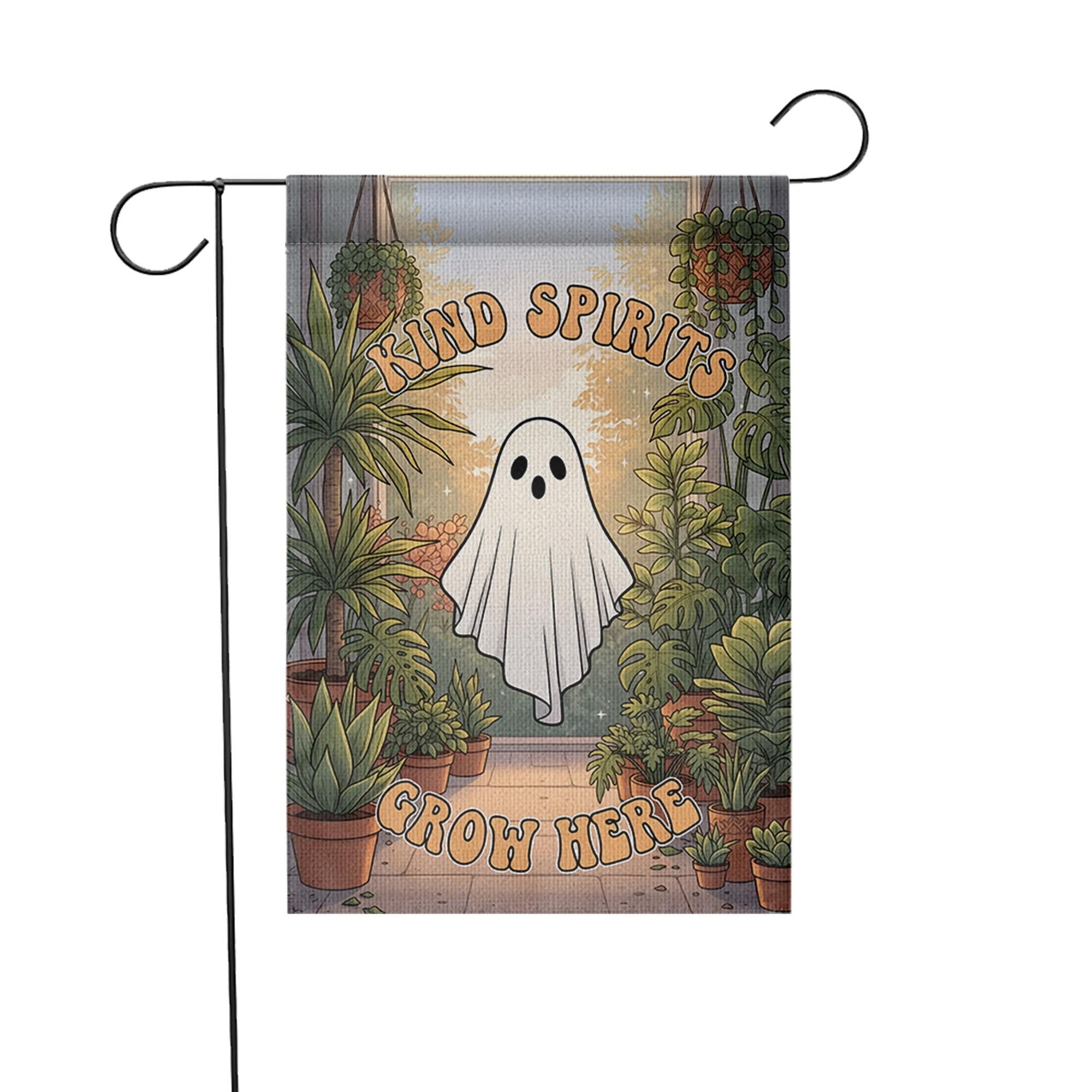 Kind Spirits Grow Here Ghost Garden Flag, Cute Spooky Halloween Decor, Retro Plant Lover Yard Art, Whimsical Outdoor Banner, Housewarming