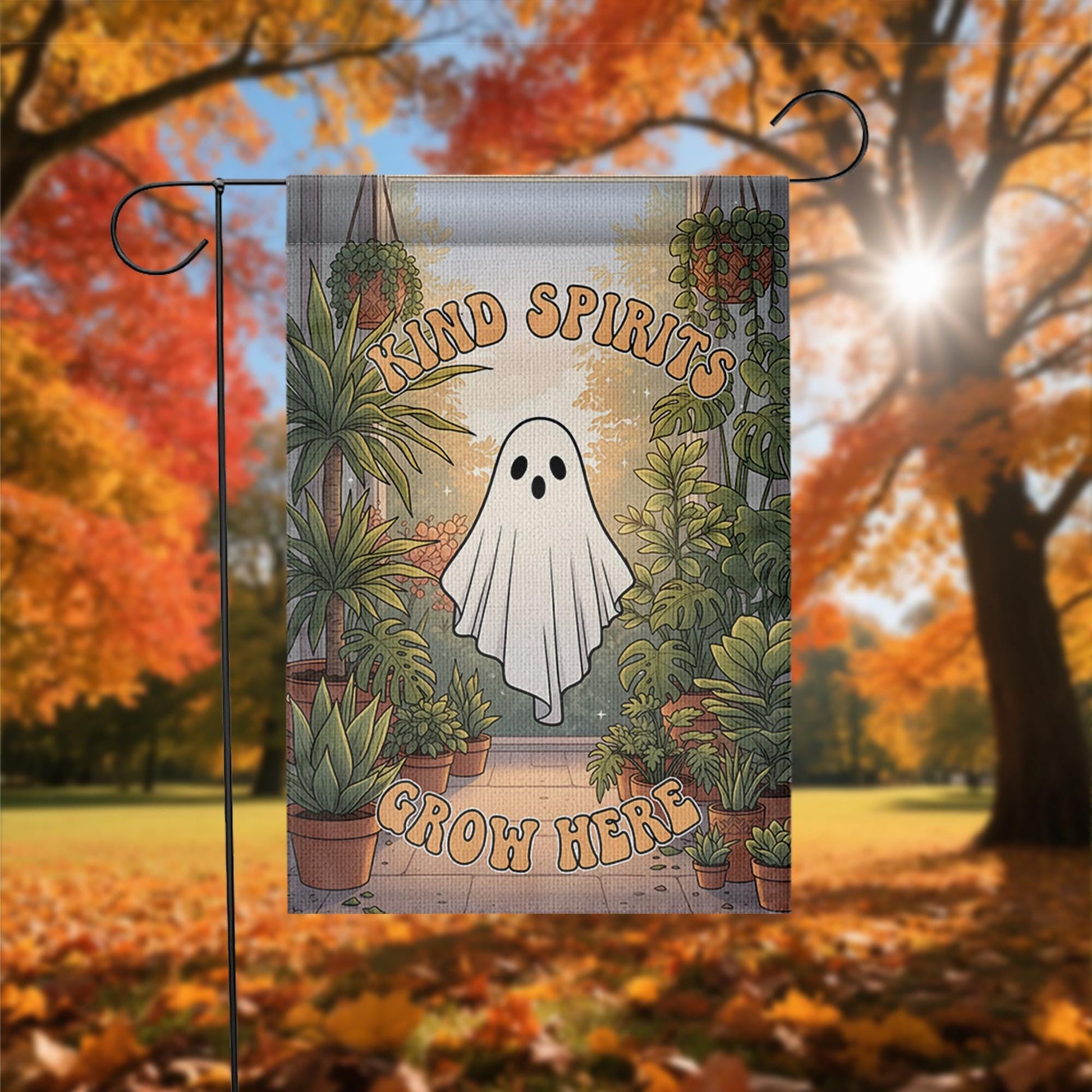 Kind Spirits Grow Here Ghost Garden Flag, Cute Spooky Halloween Decor, Retro Plant Lover Yard Art, Whimsical Outdoor Banner, Housewarming