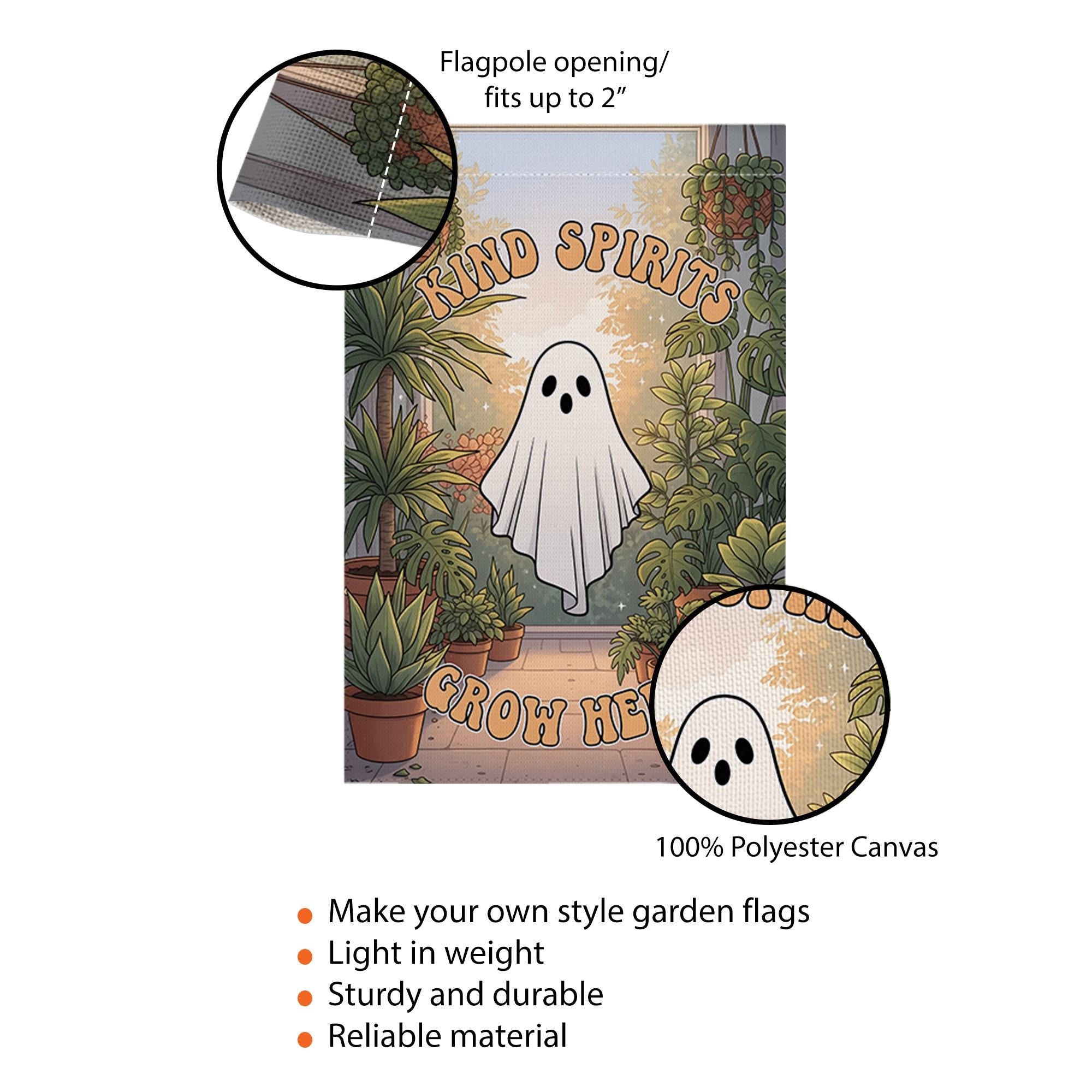 Kind Spirits Grow Here Ghost Garden Flag, Cute Spooky Halloween Decor, Retro Plant Lover Yard Art, Whimsical Outdoor Banner, Housewarming