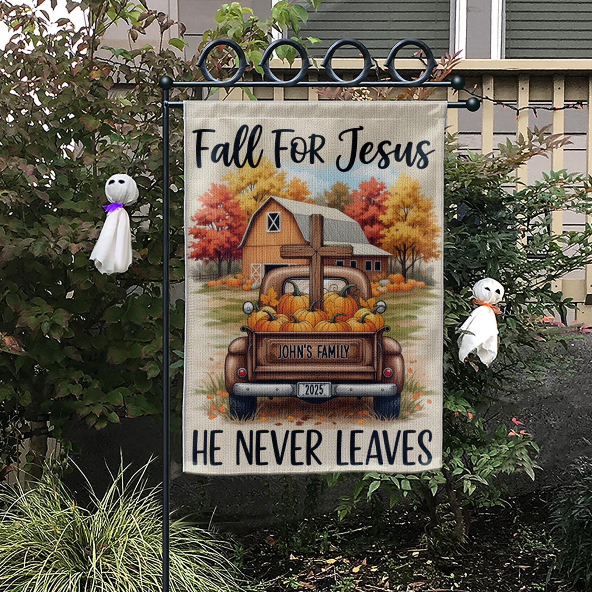 Personalized Fall For Jesus Garden Flag, Custom Family Name Christian Decor, Religious Autumn Truck Cross, Farmhouse Yard Decor 2025