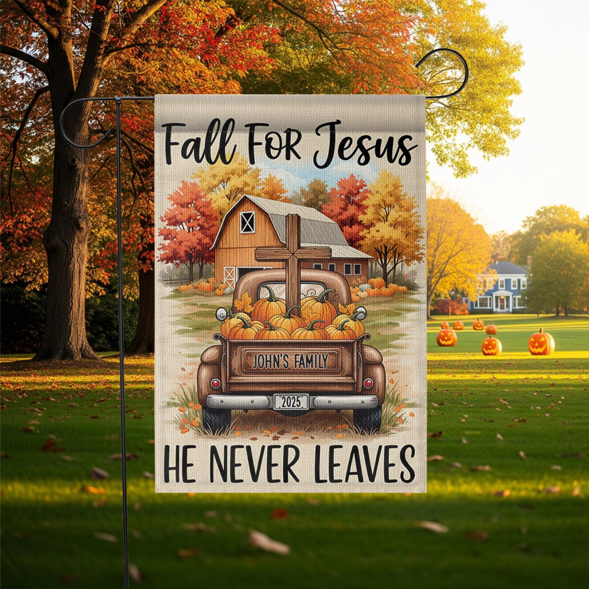Personalized Fall For Jesus Garden Flag, Custom Family Name Christian Decor, Religious Autumn Truck Cross, Farmhouse Yard Decor 2025