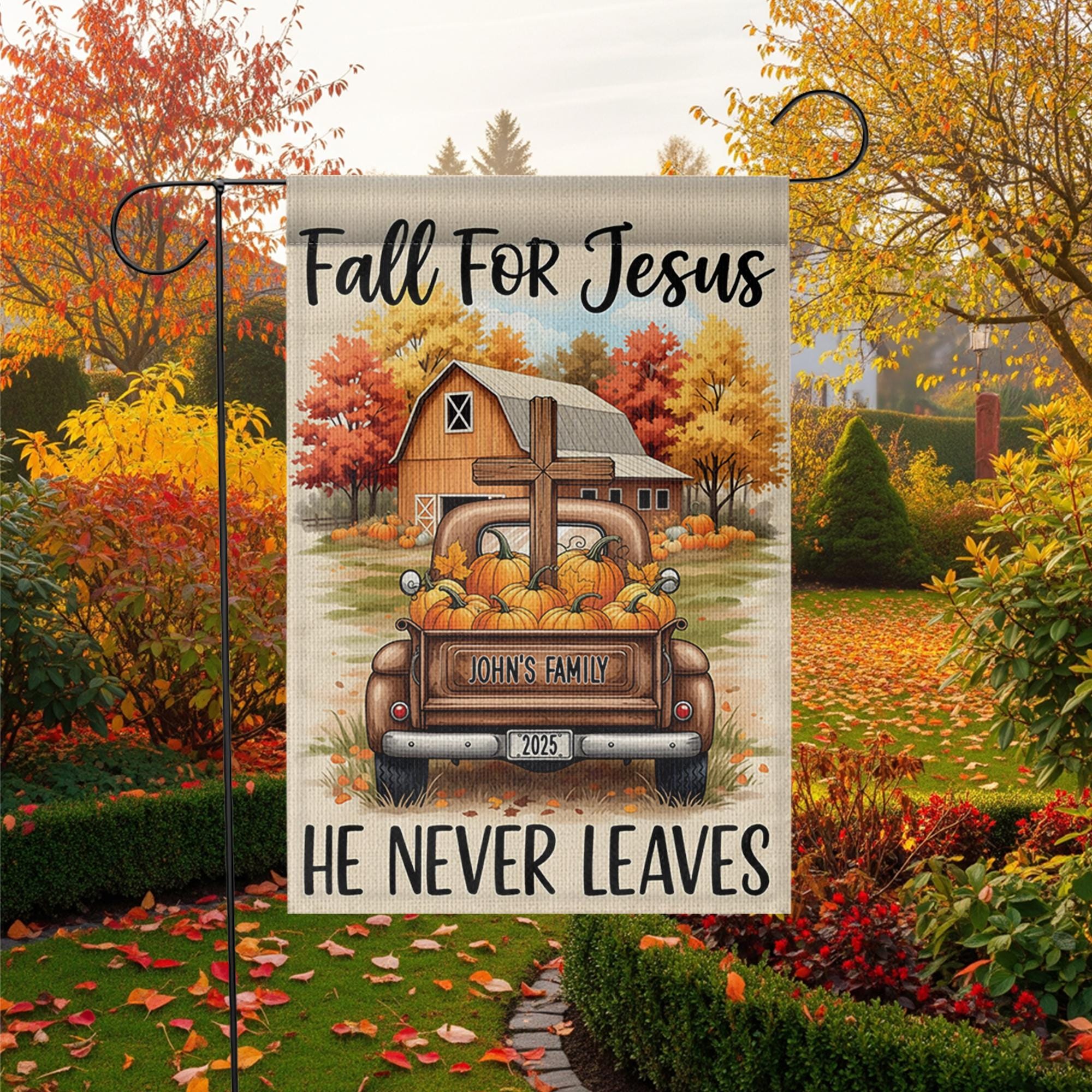 Personalized Fall For Jesus Garden Flag, Custom Family Name Christian Decor, Religious Autumn Truck Cross, Farmhouse Yard Decor 2025