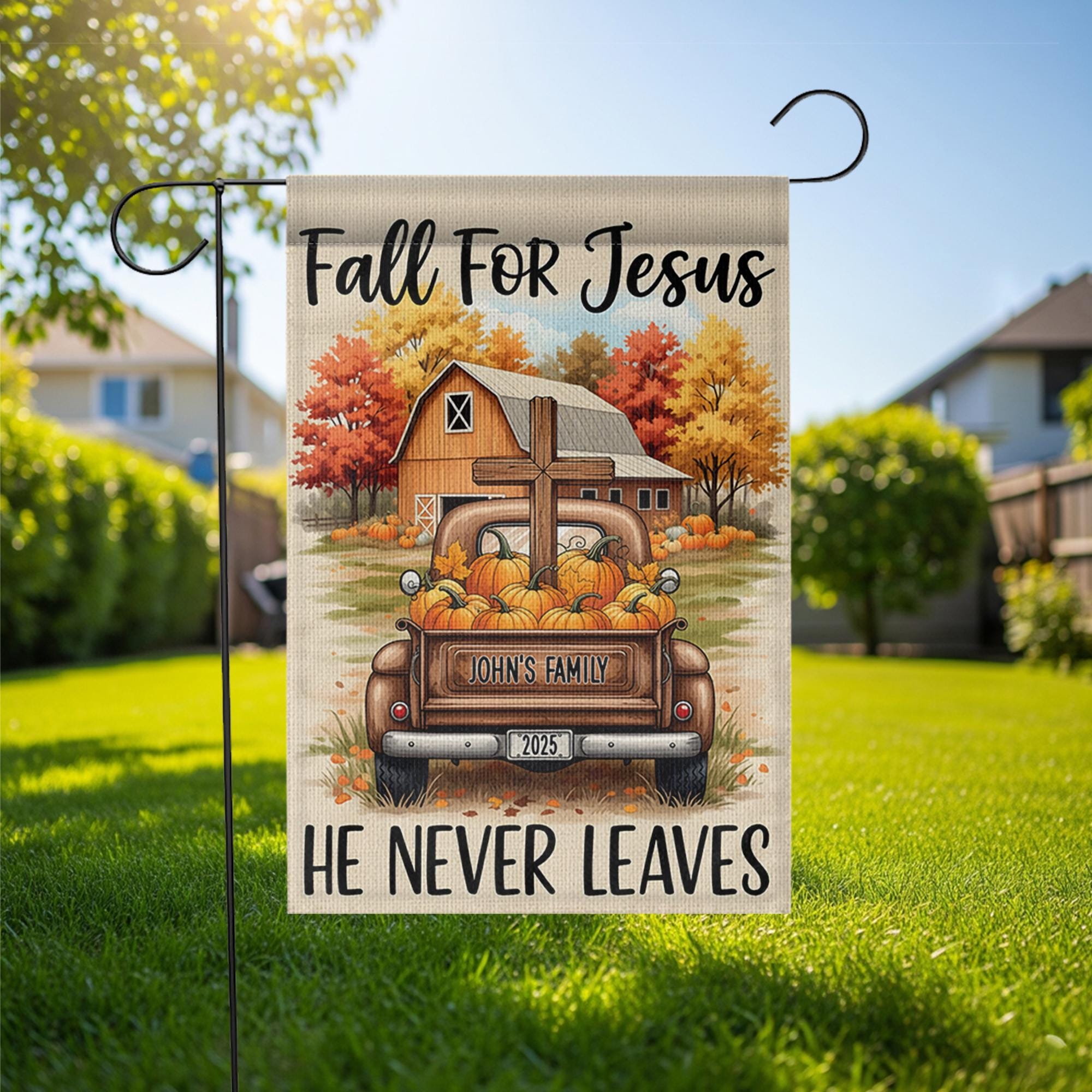 Personalized Fall For Jesus Garden Flag, Custom Family Name Christian Decor, Religious Autumn Truck Cross, Farmhouse Yard Decor 2025