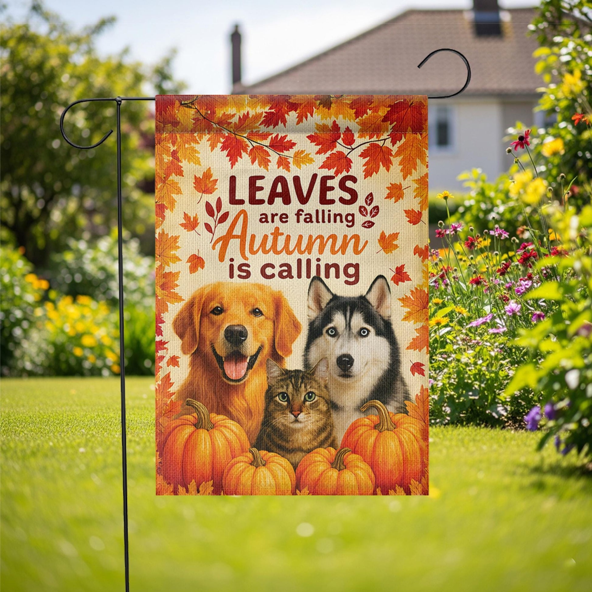 Pet Fall Garden Flag, Pet Lover Decor, Autumn is Calling Welcome Sign, Dog Mom, Cat Mom, Outdoor Yard Art Gift, Custom Photo Flag