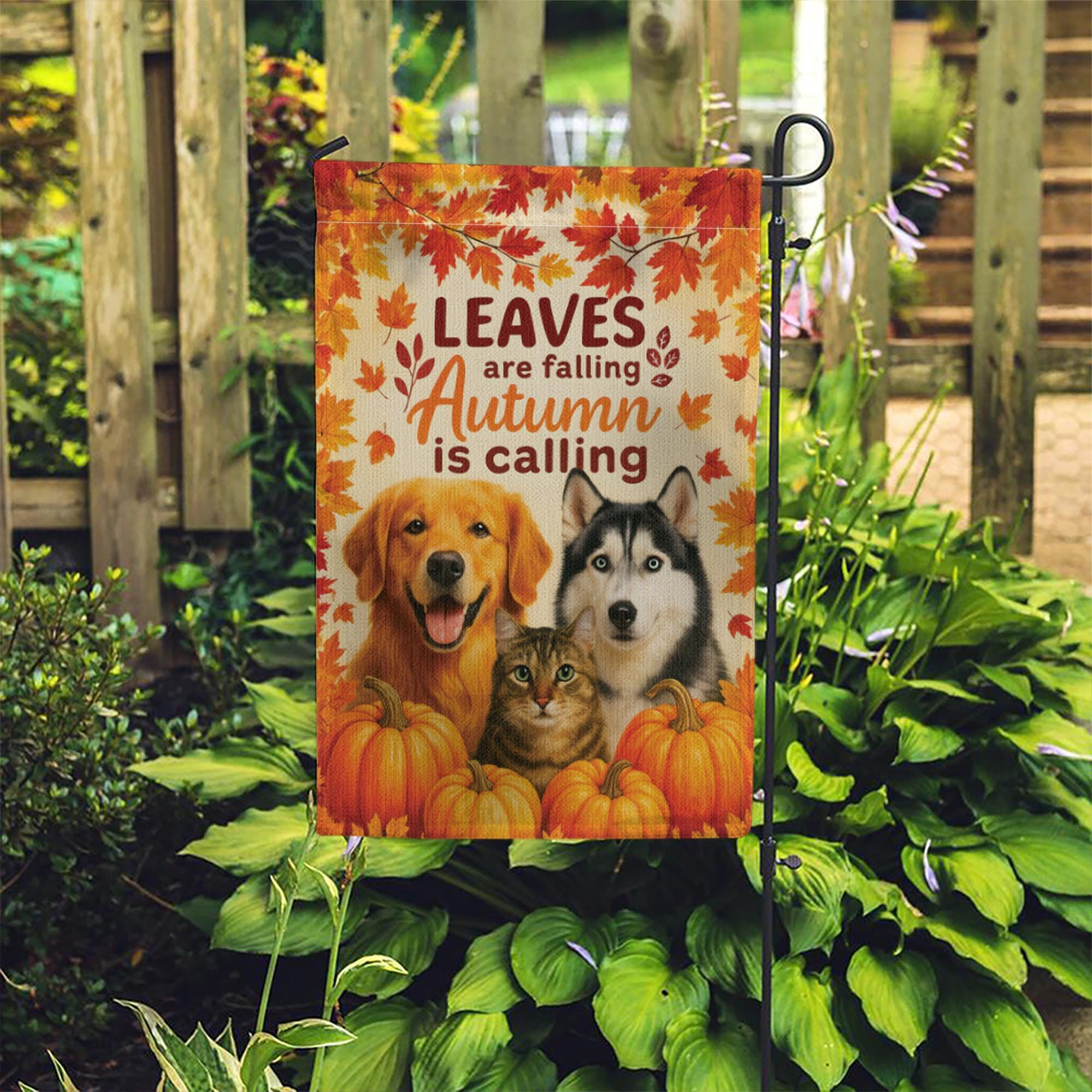 Pet Fall Garden Flag, Pet Lover Decor, Autumn is Calling Welcome Sign, Dog Mom, Cat Mom, Outdoor Yard Art Gift, Custom Photo Flag