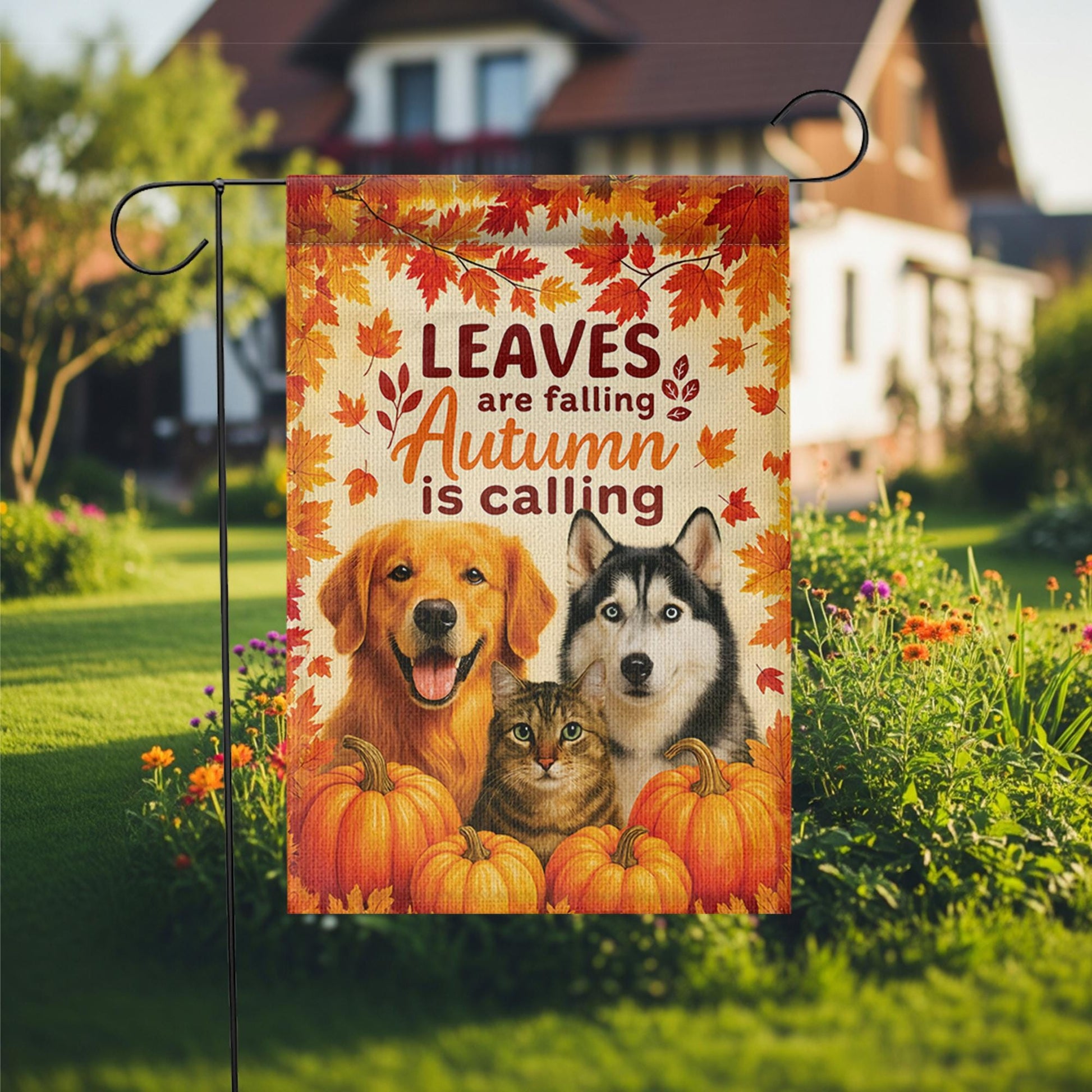 Pet Fall Garden Flag, Pet Lover Decor, Autumn is Calling Welcome Sign, Dog Mom, Cat Mom, Outdoor Yard Art Gift, Custom Photo Flag
