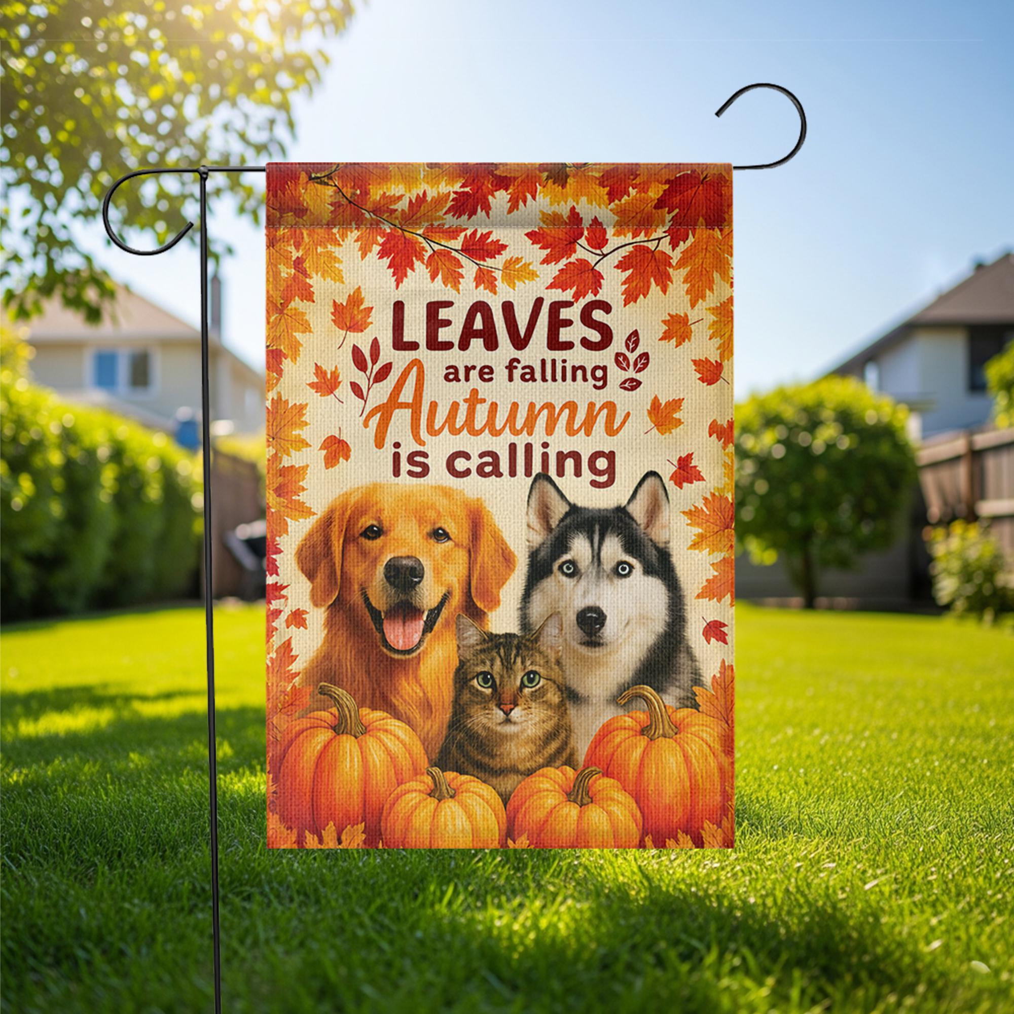 Pet Fall Garden Flag, Pet Lover Decor, Autumn is Calling Welcome Sign, Dog Mom, Cat Mom, Outdoor Yard Art Gift, Custom Photo Flag