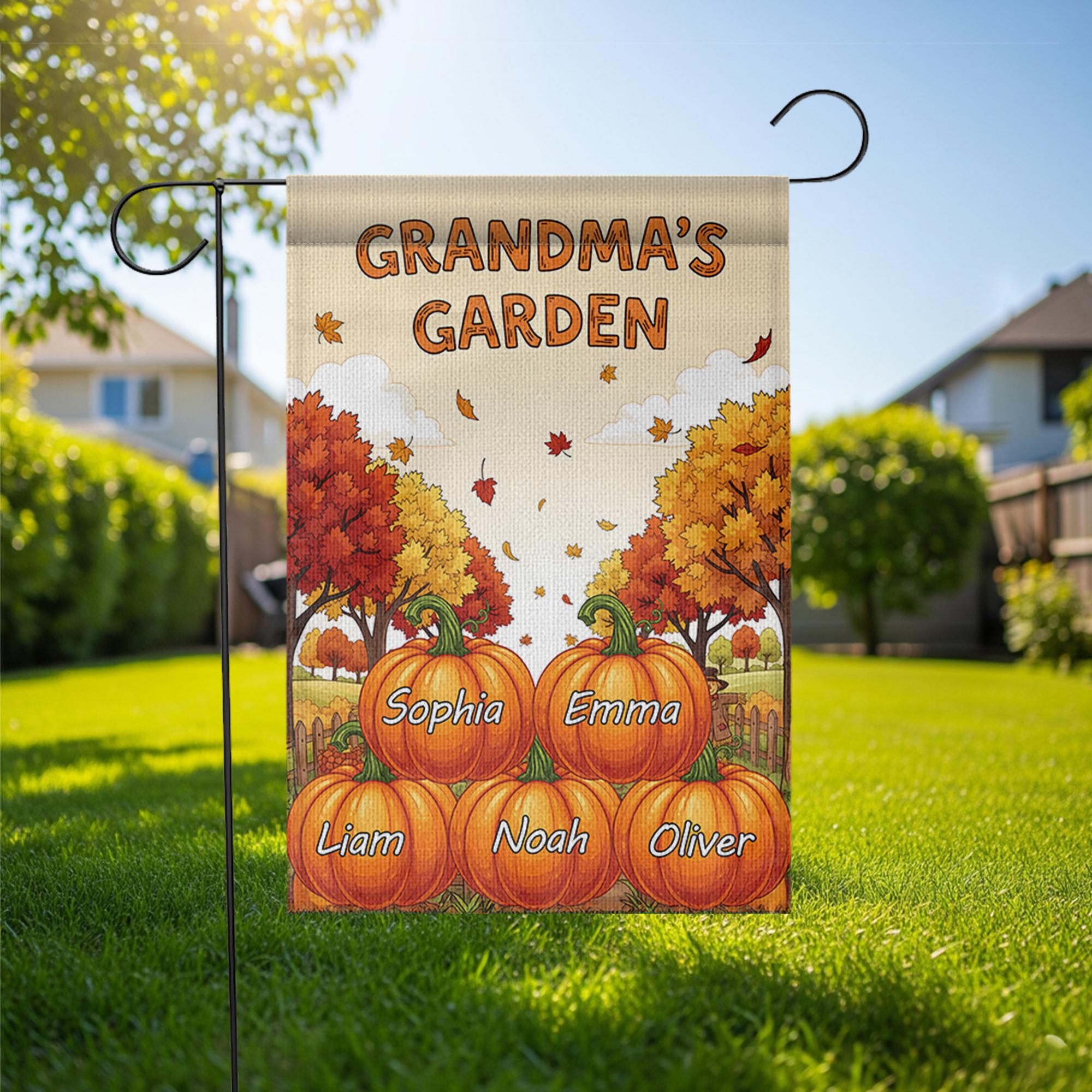 Personalized Grandma's Pumpkin Garden Flag, Custom Grandkids Names Fall Flag, Outdoor Thanksgiving Decor, Gift For Grandma Mimi Nana
