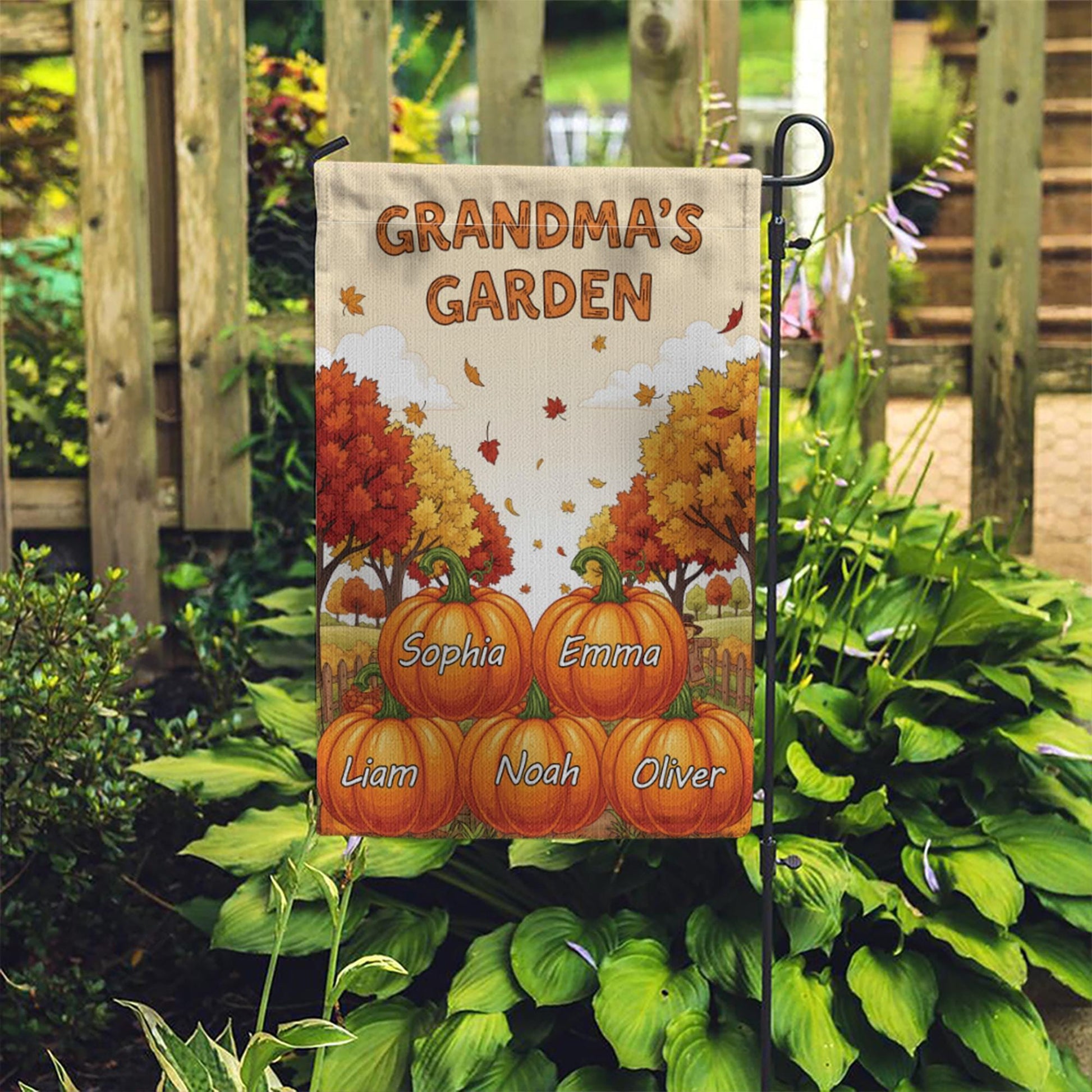 Personalized Grandma's Pumpkin Garden Flag, Custom Grandkids Names Fall Flag, Outdoor Thanksgiving Decor, Gift For Grandma Mimi Nana