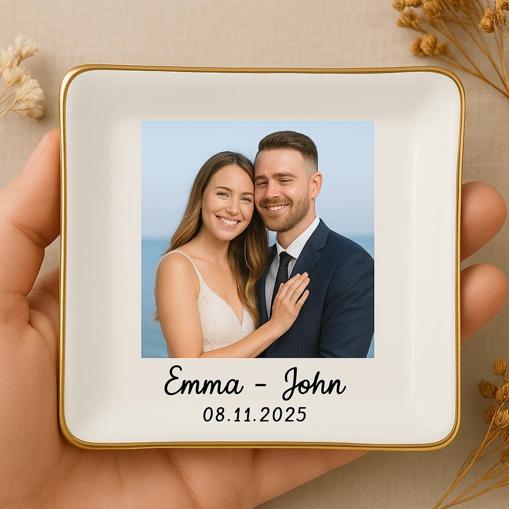 Custom Wedding Photo Jewelry Tray, Personalized Ring Dish with Couple Name & Date, Engagement or Anniversary Gift Keepsake