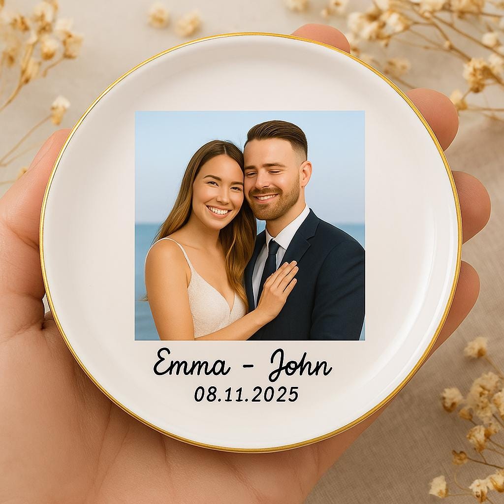 Custom Wedding Photo Jewelry Tray, Personalized Ring Dish with Couple Name & Date, Engagement or Anniversary Gift Keepsake