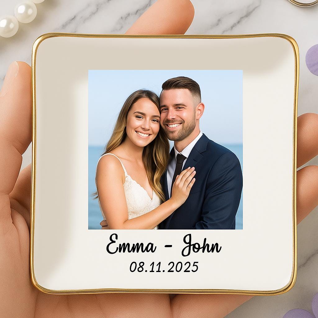 Custom Wedding Photo Jewelry Tray, Personalized Ring Dish with Couple Name & Date, Engagement or Anniversary Gift Keepsake
