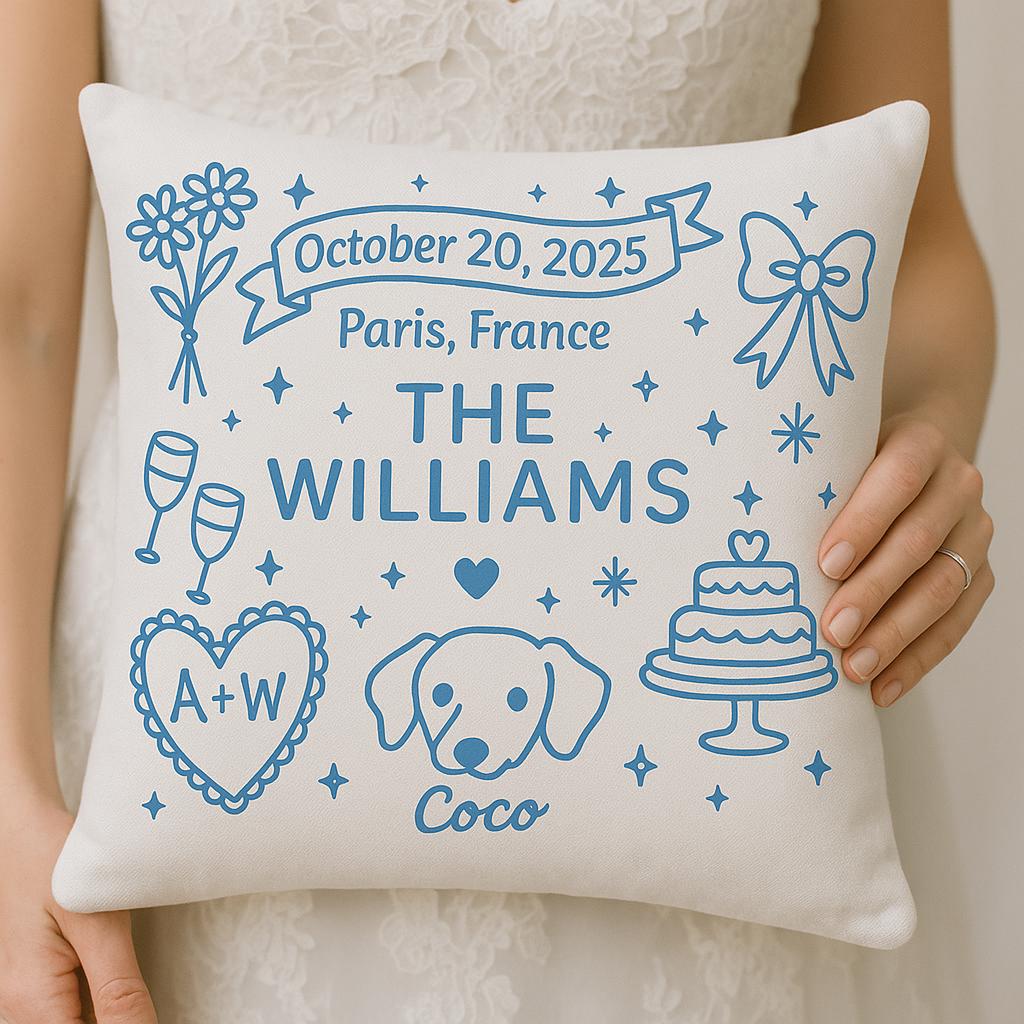 Custom Wedding Throw Pillow, Personalized Couple Name & Dog Pillow, Wedding Date Gift, Engagement or Anniversary Keepsake Cushion