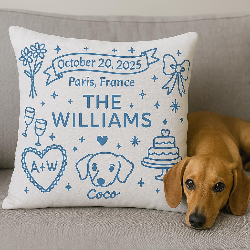 Custom Wedding Throw Pillow, Personalized Couple Name & Dog Pillow, Wedding Date Gift, Engagement or Anniversary Keepsake Cushion