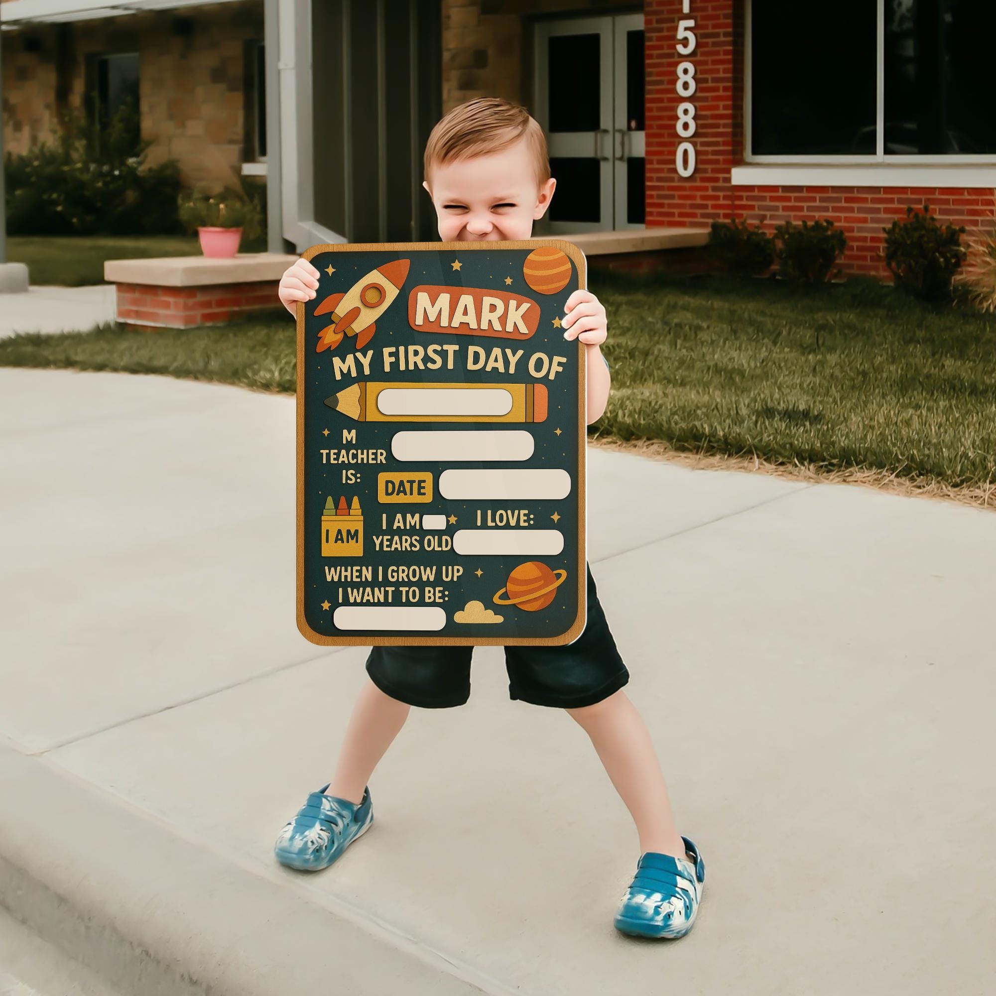 Reusable First Day of School Sign, Space Theme Back to School Board for Kids, Custom Chalkboard Photo Prop, Fillable Milestone Sign