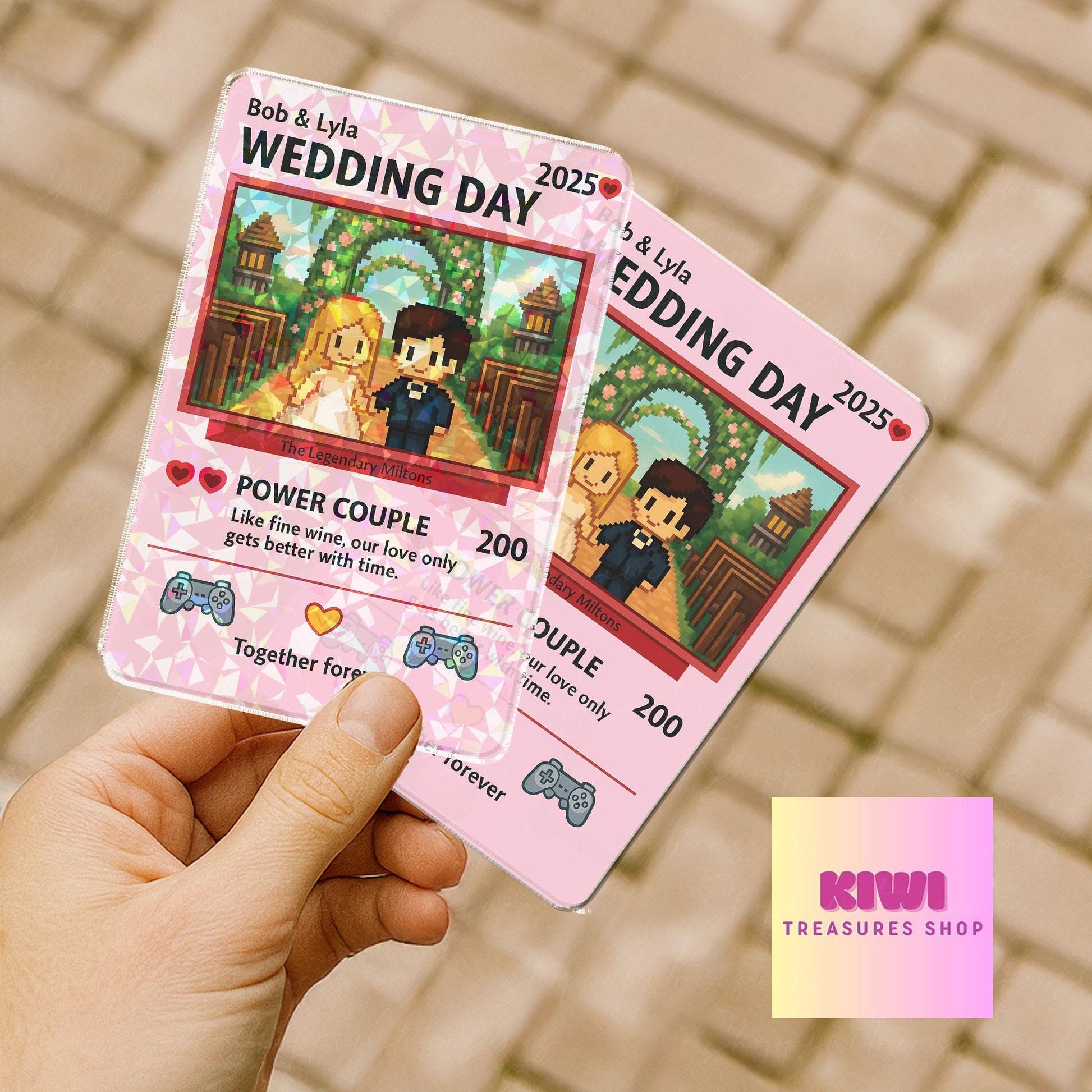 Custom Holographic Wedding Card, Gamer Couple Art Gift, Personalized Power Couple Keepsake, Retro Arcade Love Display