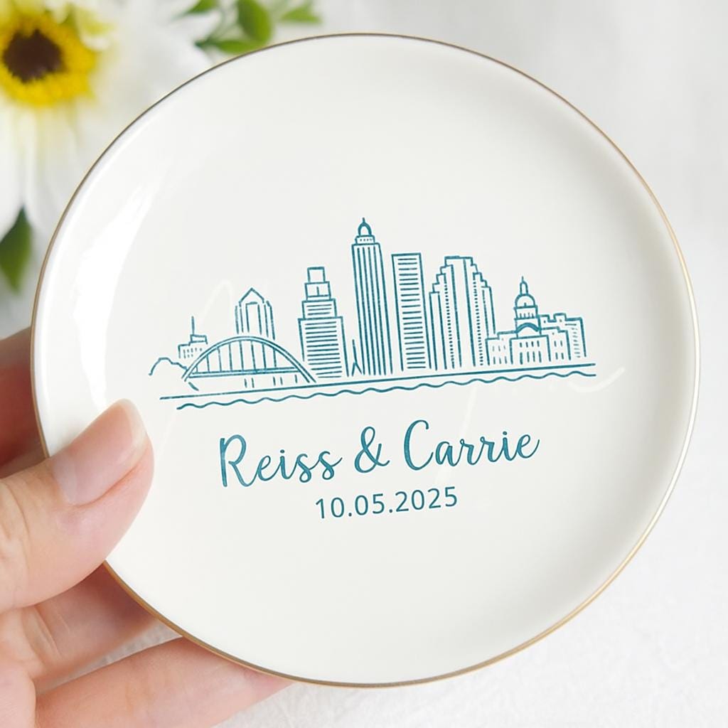 Custom Skyline Wedding Jewelry Tray, Personalized Ring Dish with City, Couple Name & Date, Engagement or Anniversary Keepsake