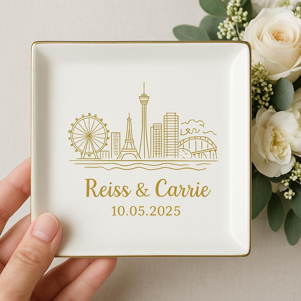 Custom Skyline Wedding Jewelry Tray, Personalized Ring Dish with City, Couple Name & Date, Engagement or Anniversary Keepsake