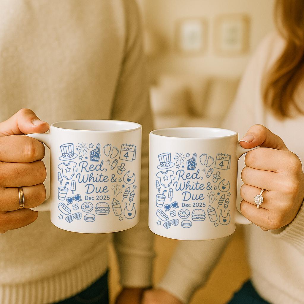 Red White and Due Mug, July 4th Pregnancy Announcement Gift, Baby Due 2025 Coffee Cup, Patriotic Expecting Parents Reveal Mug