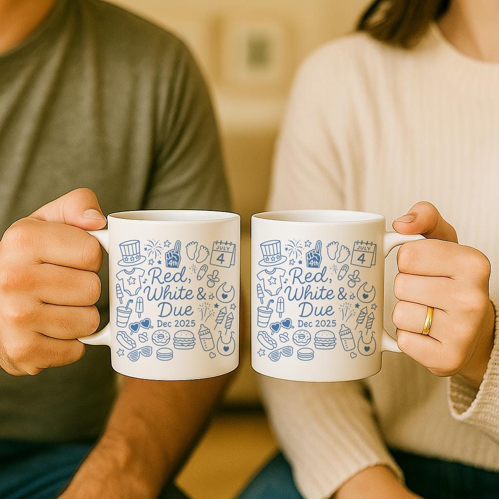 Red White and Due Mug, July 4th Pregnancy Announcement Gift, Baby Due 2025 Coffee Cup, Patriotic Expecting Parents Reveal Mug