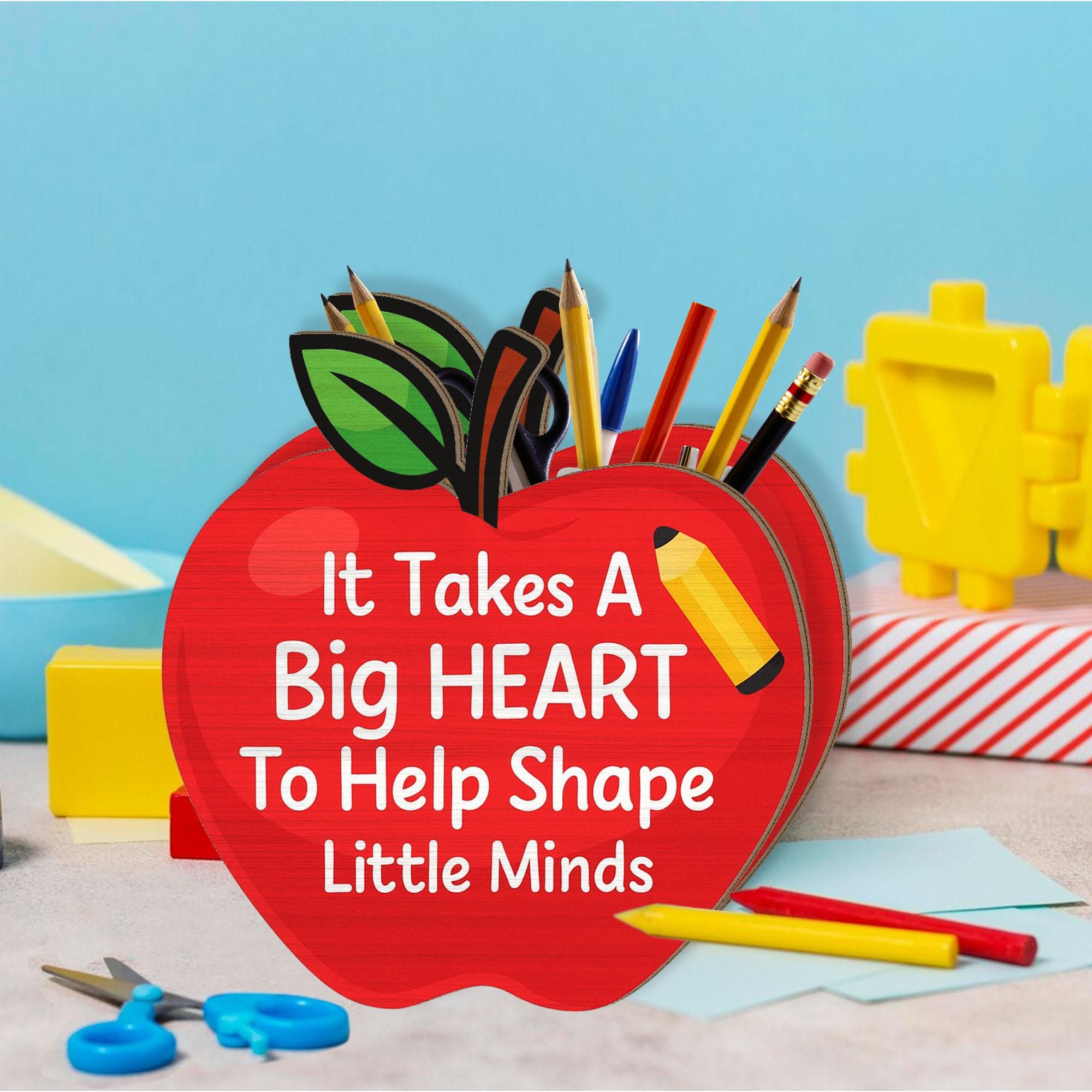 Teacher Pencil Holder Gift, Apple Desk Organizer with Quote, Classroom Decor, Back to School Teacher Appreciation Gift