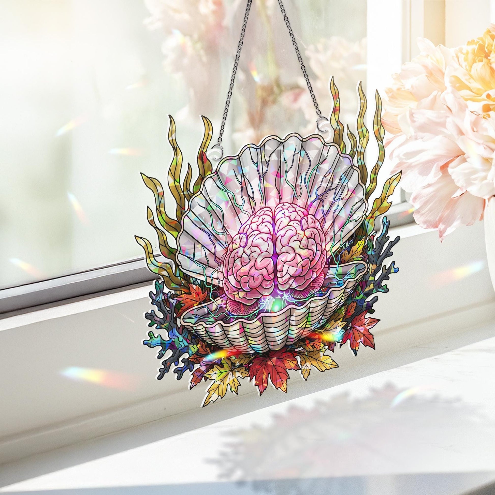 Stained Glass Brain Seashell Suncatcher – Autumn Halloween Window Decor, Gothic Marine Art