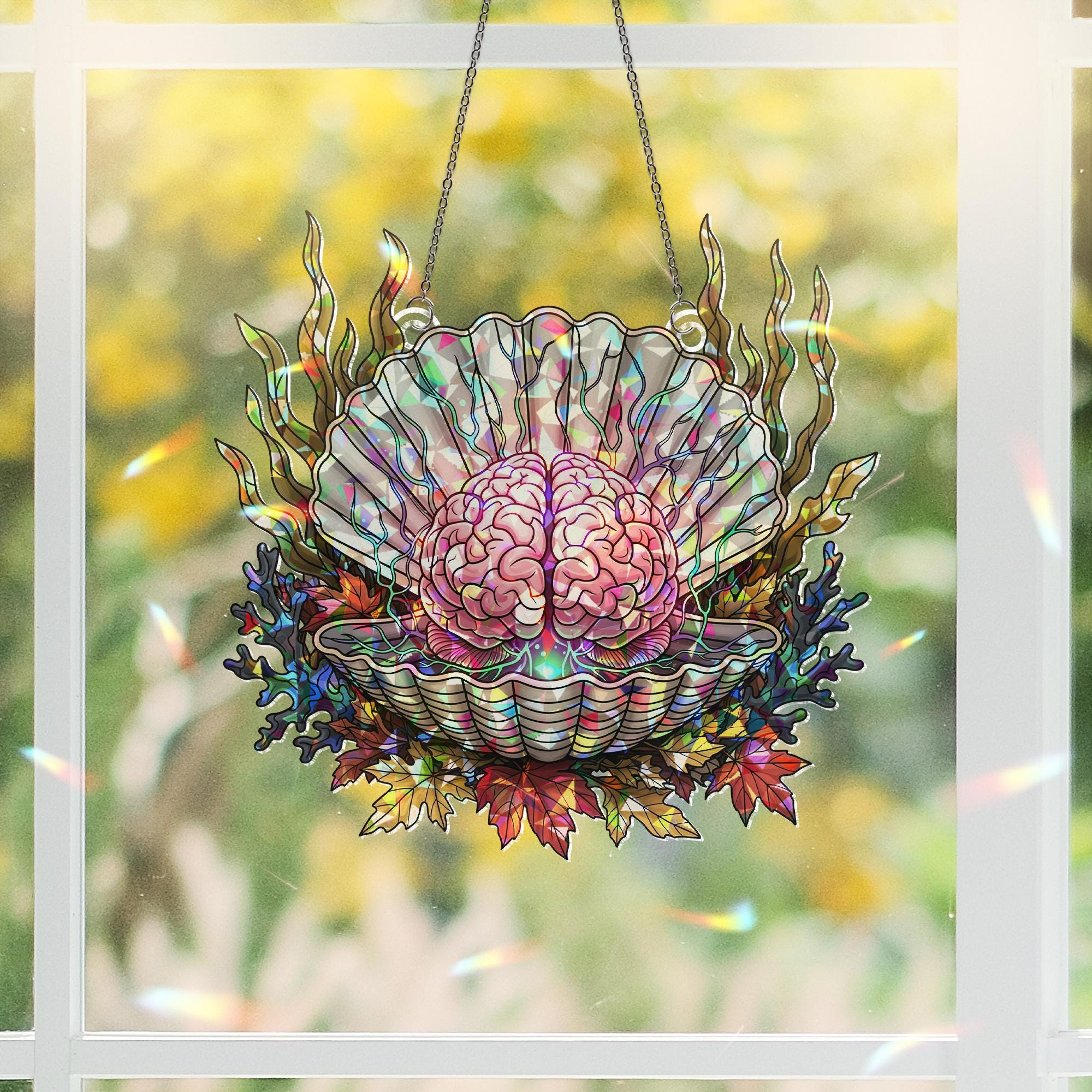 Stained Glass Brain Seashell Suncatcher – Autumn Halloween Window Decor, Gothic Marine Art